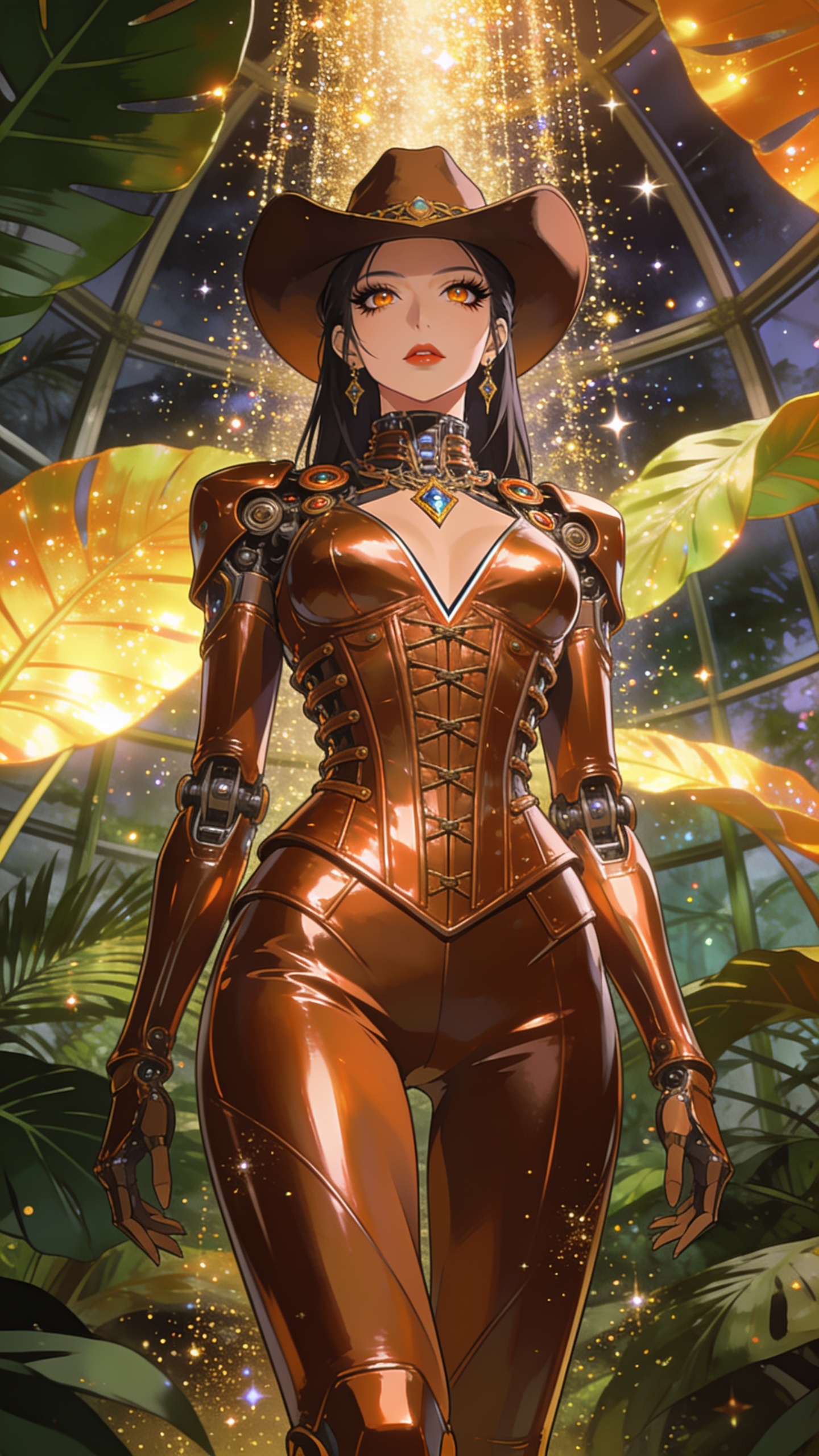 score_9, masterpiece, best quality, ultra-detailed, High-budget Anime Keyframe, East Asian woman. Low angle cowboy shot filling the entire 9:16 frame with her statuesque presence. Scenario 484: showering under a cascade of glittering gold stardust inside a cybernetic greenhouse filled with giant glowing tropical leaves. Her presence is magnetic and overpowering in this high-budget anime scene. Outfit 484: a slim-fit metallic copper matte vinyl catsuit layered over a structured corset bodice. The clothing is designed to emphasize her exceptionally tall and slender 8-heads proportion. 8-heads proportion, towering silhouette, ultra-slim waist. sharp v-shaped jawline, intricate jewel-like eyes with depth, thick eyelashes, glossy lips. 2k, ultra detail, master piece, 9:16 ratio