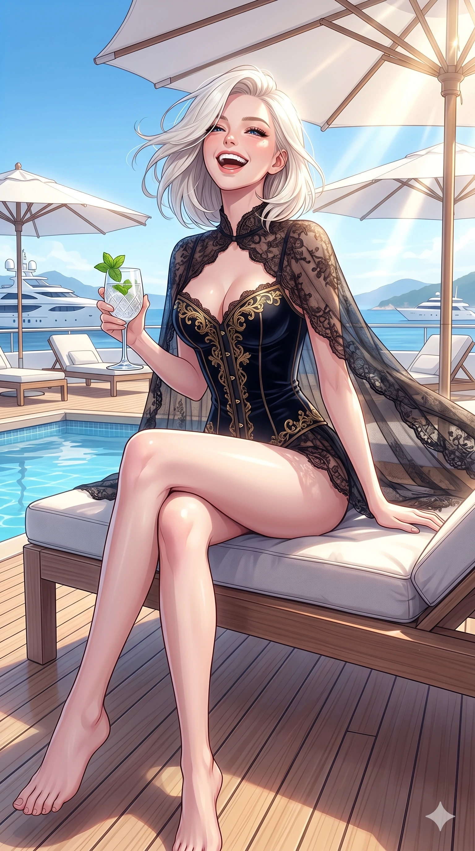 score_9, masterpiece, best quality, ultra-detailed, high-budget anime keyframe, vibrant anime aesthetic, Caucasian woman, strictly human ears. cowboy shot from the thighs up, character and outfit filling the frame for maximum presence. She is sitting by the resort pool, laughing wind-swept and happy in the morning rays on a luxury yacht sun-deck with morning breeze (Code-P20-179). She has an absolutely perfect 8-heads proportion, an exceptionally tall and slender female figure with impossibly long slender legs and an ultra-slim waist. V-shaped jawline, high-bridge nose, intricate jewel-like eyes with depth, thick eyelashes, glossy lips with a natural sheen. wearing a dark velvet corset combined with a sheer lace cape. She is surrounded by bright sunbeams reflecting off white umbrellas, creating a luminous glow. 2k, ultra detail, master piece, 9:16 ratio
