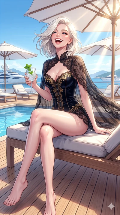 score_9, masterpiece, best quality, ultra-detailed, high-budget anime keyframe, vibrant anime aesthetic, Caucasian woman, strictly human ears. cowboy shot from the thighs up, character and outfit filling the frame for maximum presence. She is sitting