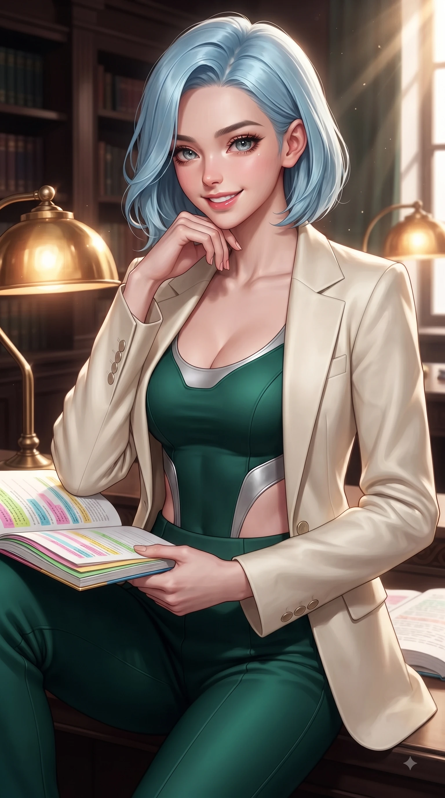 score_9, masterpiece, best quality, ultra-detailed, high-budget anime keyframe, editorial fashion photography, tasteful artistic composition, Korean woman. close-up cowboy shot from the waist and thighs up, the character dominates the composition, filling the frame with her large presence, background elements kept in soft focus. Youthful bright smile exuding pure cute charm and fresh energy, her torso turning dynamically into the lens while resting her chin thoughtfully on her hand while reviewing colorful study notes under sunbeams, polishing dark wood and brass reading lamps reflecting warm chiaroscuro light. She has an exceptionally elegant, slender, and willowy female figure with an ultra-slim waist, a gracefully sculpted slender torso, and a refined silhouette. sharp v-shaped jawline, high-bridge nose, intricate jewel-like eyes with depth, thick eyelashes, glossy lips with a natural sheen, flawlessly proportioned anatomical accuracy, natural body alignment, perfectly sculpted elegant limbs, clean dynamic posture without body distortion. wearing a tailored cream silk blazer over a form-contouring scoop-neck top and slacks in deep emerald green and silver accent, formed from sleek second-skin neoprene, featuring clean architectural cutouts along her slender torso, the elegant draped fit framing her graceful clavicle and slender torso. illuminated by soft glowing amber desk lamps and majestic window highlights. ultra-reflective glossy finish, specular highlights, metallic sheen, high-contrast stereoscopic depth, volumetric dynamic lighting, 2k, ultra detail, master piece, 9:16 ratio