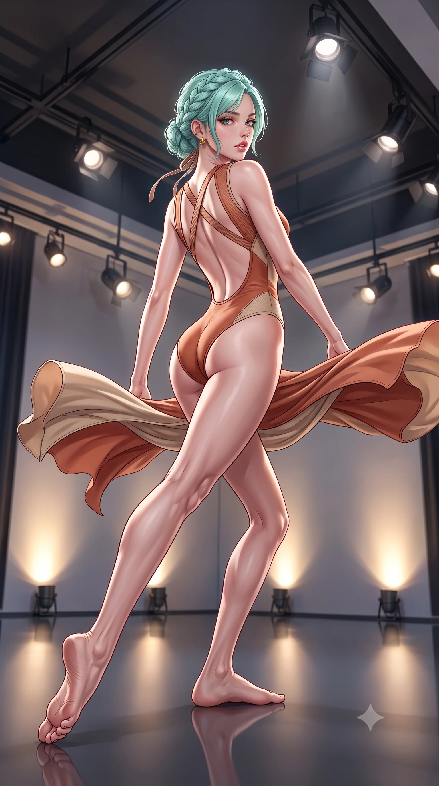 score_9, masterpiece, best quality, ultra-detailed, high-budget anime keyframe, semi-realistic 3D game render, editorial fashion photography, tasteful artistic composition, Japanese woman. low angle full-body shot from head to toe showing her feet, filling the entire 9:16 vertical frame with her statuesque presence, stretching her vertical silhouette. executing an elegant mid-motion pivot turn as garments swirl around her slender limbs, glancing over her shoulder with an intoxicating bedroom-gaze while crouching in a low, balanced dancer plié on the reflective floor, her athletic feminine curves and toned hips creating a breathtaking line. The surrounding environment is rendered in vivid detail and crisp panoramic clarity. detailed muscle definition, fabric stretch tension lines, and studio spotlight fixtures in high clarity. She has an absolutely perfect, statuesque 8.5-heads proportion, an exceptionally tall and slender model-like female figure with impossibly long slender legs, a toned flat midriff, an ultra-slim waist, and beautifully sculpted feminine hips. sharp v-shaped jawline, high-bridge nose, intricate jewel-like eyes with depth, thick eyelashes, glossy parted lips with a natural sheen, intensely captivating and seductive bedroom-eyes expression, flawlessly proportioned anatomical accuracy, strict slender model proportions, natural body alignment, perfectly sculpted long slender limbs, ultra-slim waistline, clean dynamic posture without body distortion. wearing a modern athletic monokini leotard with criss-cross back harness straps and high-hip cut in warm terracotta and oatmeal beige, tailored from breathable technical athletic mesh and liquid-finish track nylon, complemented by a delicate velvet hair ribbon and gold stud earrings, the dramatically scooped open back descending to the base of her spine, accentuating her razor-sharp statuesque lines and curvy hourglass silhouette. bathed in warm floor-level uplighting and dramatic overhead theatrical spotlights. highly saturated vibrant anime colors, detailed shading with soft gradients, rich glossy textures, high-contrast stereoscopic depth, volumetric dynamic lighting, master piece, 9:16 ratio