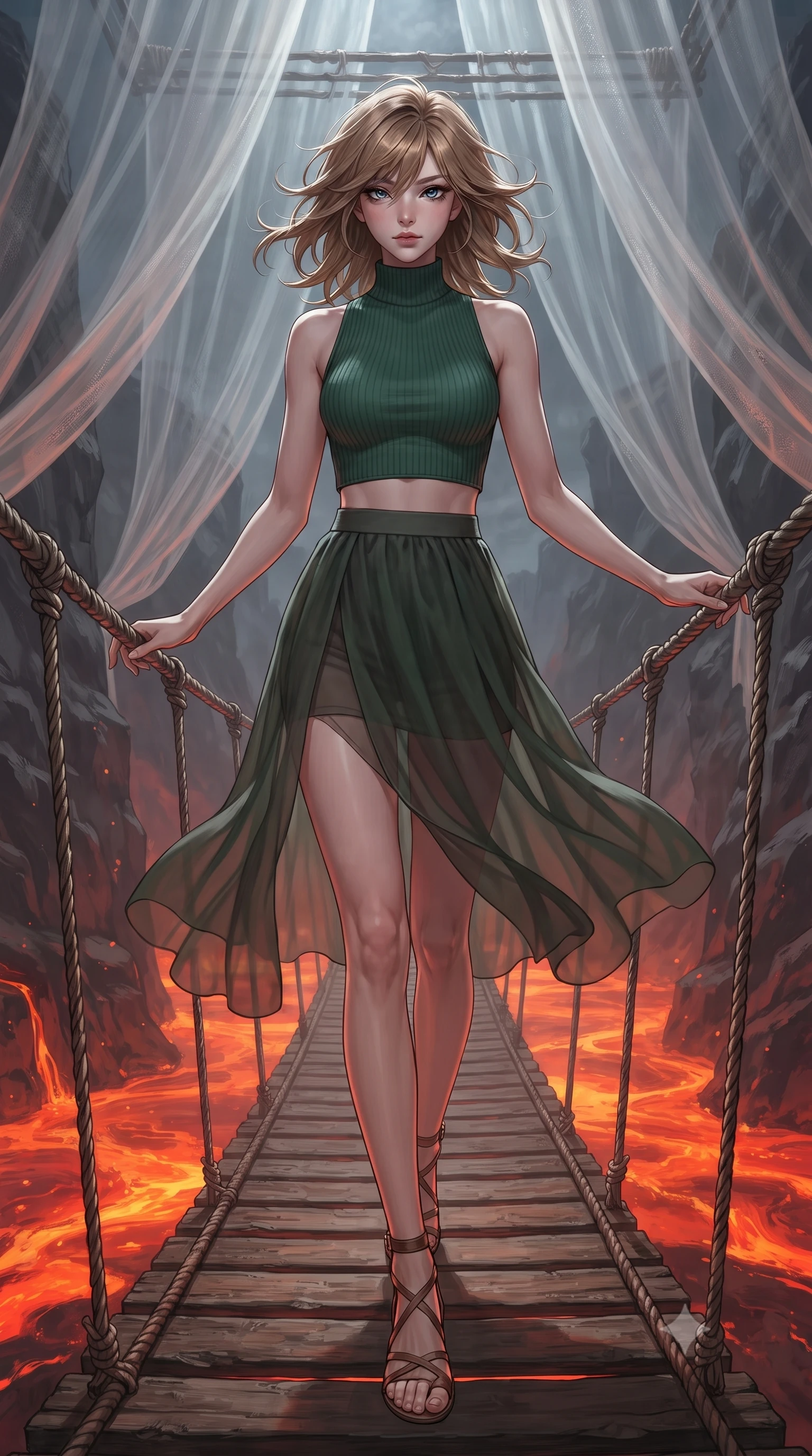 score_9, masterpiece, best quality, ultra-detailed, high-budget anime keyframe, editorial fashion photography, tasteful artistic composition, Korean woman. low angle full-body shot from head to toe showing her feet, filling the entire 9:16 vertical frame with her statuesque presence, stretching her vertical silhouette. navigating with fluid motion through crossing a narrow swaying suspension bridge over a river of glowing orange-red lava with heat distortion rising in waves basalt cliffs on either side and the molten rock flowing sluggishly below like a river of fire. She has a statuesque 8.5-heads proportion, an exceptionally tall, slender and willowy model-like build with impossibly long legs and a highly sculpted ultra-slim waist. sharp v-shaped jawline, high-bridge nose, intricate jewel-like eyes with depth, thick eyelashes, glossy lips with a natural sheen. wearing a high-neck ribbed crop top in forest green, paired with a midi skirt featuring a sheer chiffon overlay revealing her legs. cold silver moonlight filtered through translucent gossamer curtains casting delicate shadows. 2k, ultra detail, master piece, 9:16 ratio