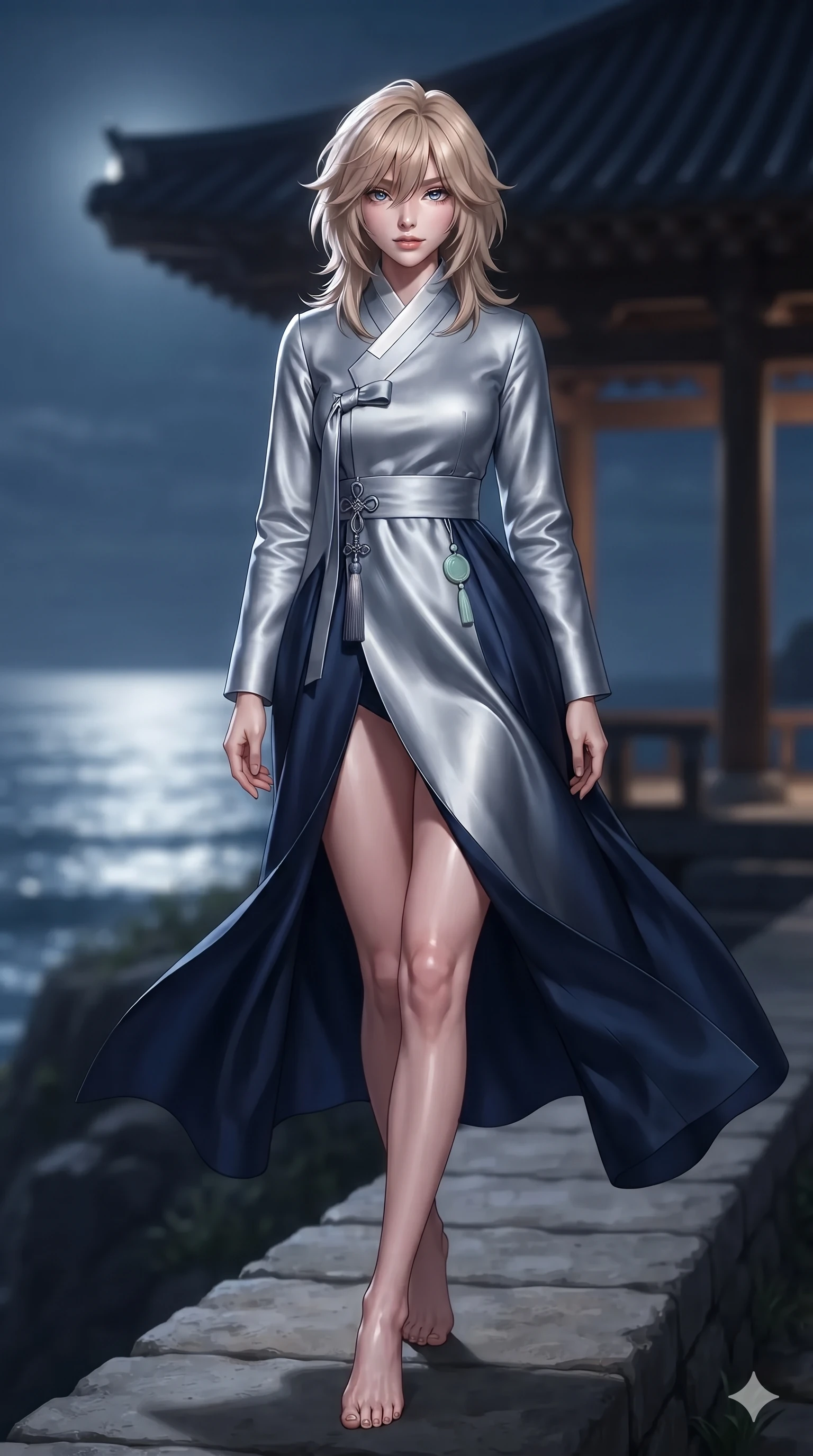 score_9, masterpiece, best quality, ultra-detailed, high-budget anime keyframe, editorial fashion photography, tasteful artistic composition, Japanese woman. low angle full-body shot from head to toe showing her feet, filling the entire 9:16 vertical frame with her statuesque presence, stretching her vertical silhouette. reclining on her side in an elegant Cleopatra pose with one knee drawn up, the dramatic contour of her rounded hips and long slender legs commanding the 9:16 vertical frame while walking slowly along the cliffside parapet with hypnotic grace, hips swaying in an alluring sensual rhythm that commands the ocean void. The background shows a soft-focus windswept coastal pavilion softened in maritime nocturnal shallow focus. She has an absolutely perfect, statuesque 8.5-heads proportion, an exceptionally tall and slender model-like female figure with impossibly long slender legs, an ultra-slim waist, a flat toned midriff, narrow delicate ribcage, and beautifully sculpted feminine hips creating a graceful, slim hourglass silhouette without any bulky heaviness. sharp v-shaped jawline, high-bridge nose, sparkling eyes with hypnotic seductive depth, thick curled eyelashes, glossy parted lips with a natural dewy peach sheen, alluring bedroom-eyes with an enchanting coquettish smile, exuding magnetic siren charisma and sophisticated glamour, flawlessly proportioned anatomical accuracy, strict slender model proportions, natural body alignment, perfectly sculpted long slender limbs, ultra-slim waistline, clean dynamic posture without body distortion. wearing a bespoke high-neck modernized hanbok coat dress with an architectural collar and silk norigae knot tie in metallic liquid silver and deep sapphire navy, tailored from heavy double-faced silk faille with an exceptionally fluid drape, finished with a minimalist celadon porcelain pendant on a fine silk cord, the bespoke structured tailoring following the natural line of her 8.5-heads silhouette with refined elegance. bathed in brilliant horizontal moonlight sweeping across the ocean surface and into the open timber pavilion. ultra-reflective glossy finish, specular highlights, rich textural contrasts, high-contrast stereoscopic depth, volumetric dynamic lighting, 2k, ultra detail, master piece, 9:16 ratio