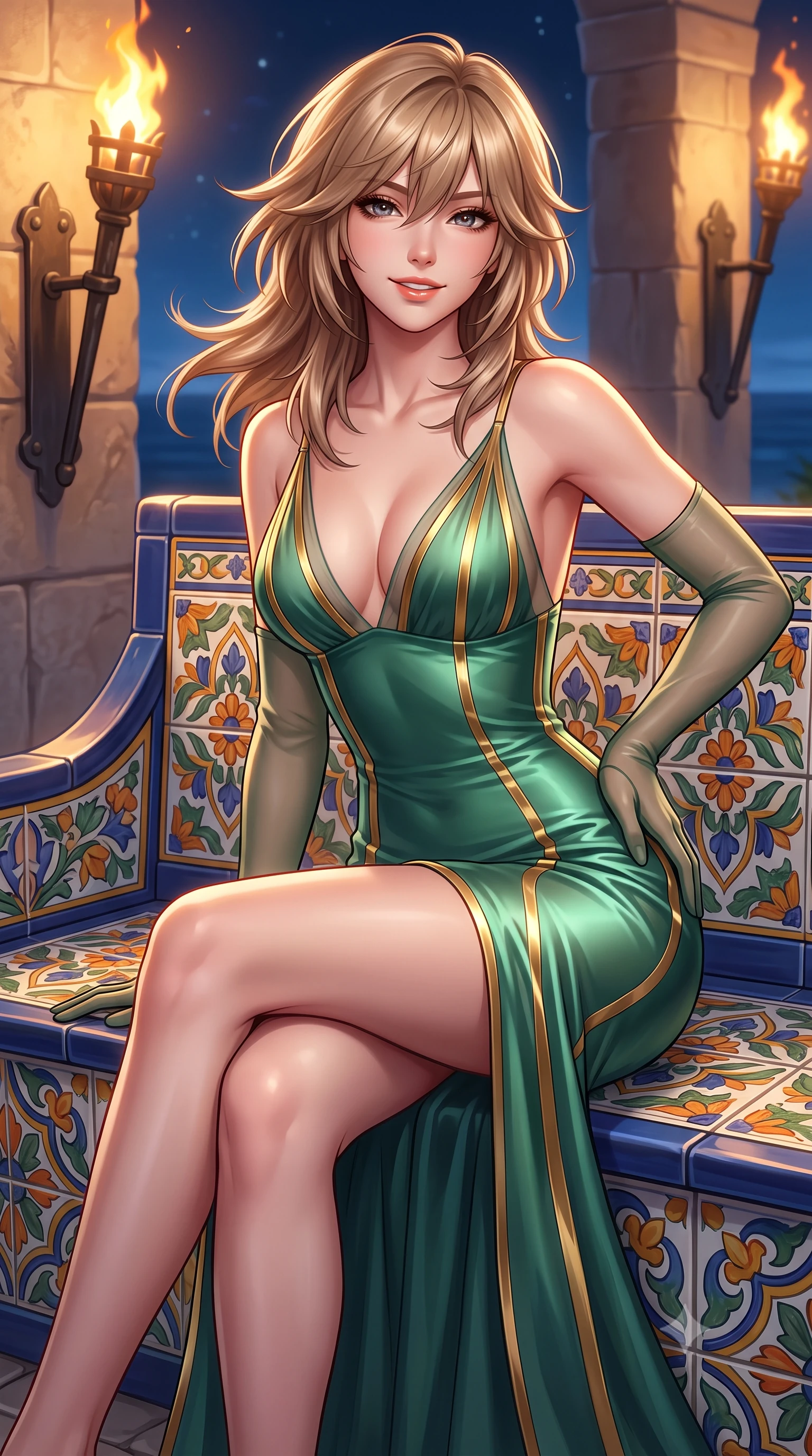 score_9, masterpiece, best quality, ultra-detailed, high-budget anime keyframe, semi-realistic 3D game render, editorial fashion photography, tasteful artistic composition, Japanese woman. close-up cowboy shot from the waist and thighs up, the character dominates the composition, filling the frame with her large presence. turning slowly with an enchanting smoldering smile, her glossy hair tossing in the breeze as her hips angle gracefully in a captivating contrapposto while sitting perched on the colorful ceramic bench with legs crossed, running one manicured hand slowly down her hip with magnetic charm. The surrounding environment is rendered in vivid detail and crisp panoramic clarity: sharp glazed ceramic tile Mediterranean floral motifs, hand-forged torch brackets, and limestone paving relief in deep focus. She has an exceptionally elegant, slender, and willowy female figure with an ultra-slim waist, flat toned midriff, narrow ribcage, and sculpted feminine hips creating an alluring, slim hourglass silhouette without bulk. sharp v-shaped jawline, high-bridge nose, intricate jewel-like sparkling eyes with depth, thick eyelashes, glossy parted lips with a natural peach sheen, bright cheerful beaming smile with an enchanting and coquettish sensual glint, exuding both youthful cute charm and seductive allure, flawlessly proportioned anatomical accuracy, strict slender model proportions, natural body alignment, perfectly sculpted long slender limbs, ultra-slim waistline, clean dynamic posture without body distortion. wearing a plunge-front sheer illusion tulle slip dress with liquid gold ribbon stripes hugging her curves in French Concession jade green and gilded bronze, crafted from fluid liquid silk satin that clings smoothly to her narrow waist and rounded hips with a dewy sheen, complemented by sheer opera-length evening gloves tracing her slender arms, the second-skin tailored fabric adhering flawlessly to her sculpted flat midriff and slender torso, emphasizing her long leg lines and perfectly proportioned willowy build. bathed in the dramatic warm 2100K flame glow of dancing oil torches mixed with cool Mediterranean sea moonlight. highly saturated vibrant anime colors, detailed shading with soft gradients, rich glossy textures, high-contrast stereoscopic depth, volumetric dynamic lighting, master piece, 9:16 ratio