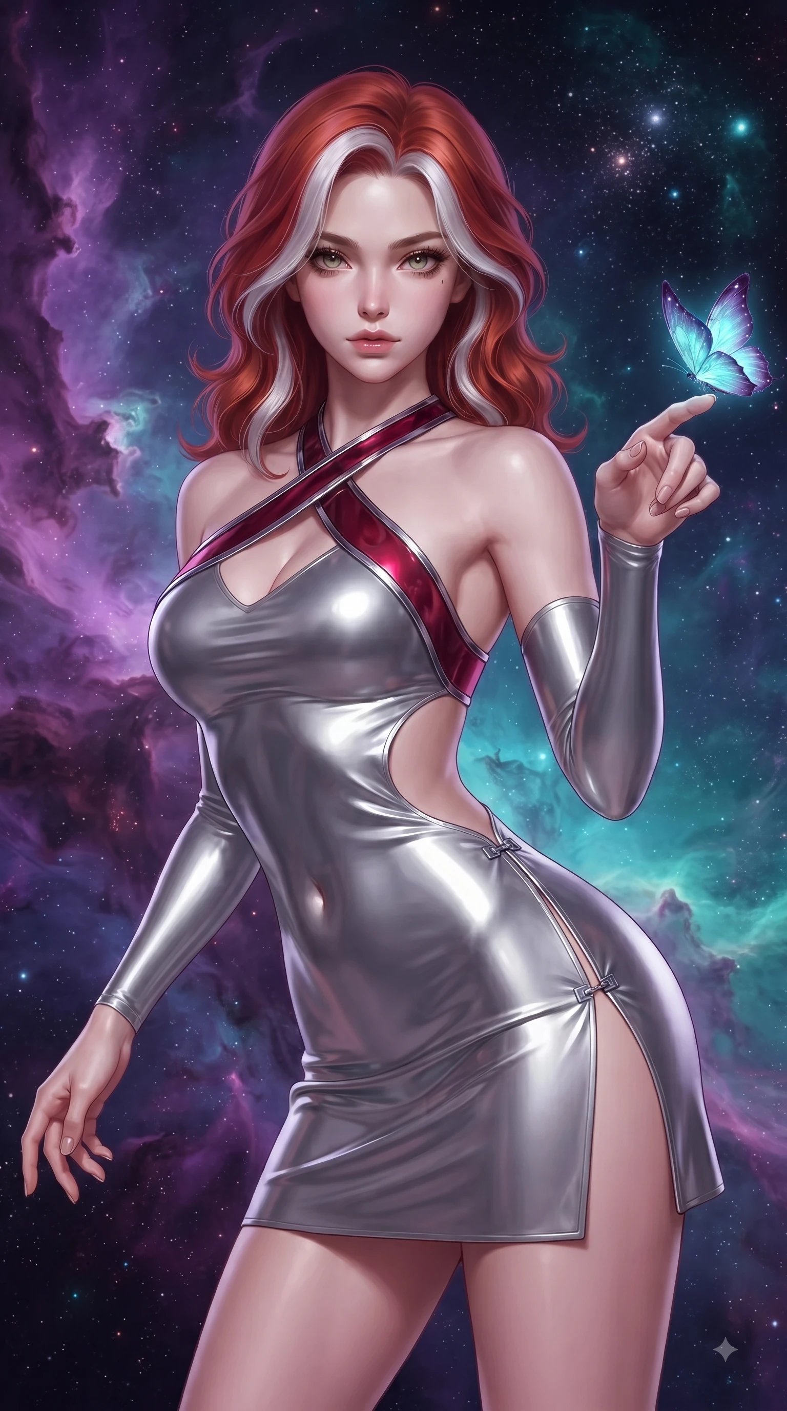 score_9, masterpiece, best quality, ultra-detailed, high-budget anime keyframe, editorial fashion photography, tasteful artistic composition, Caucasian woman. close-up cowboy shot from the waist and thighs up, the character dominates the composition, filling the frame with her large presence. extending one arm gracefully toward the light while her torso arches in a sleek, alluring curve with magnetic intensity while reaching one arm out to let a bioluminescent digital butterfly land on her finger with a captivating gaze. The surrounding environment is rendered in vivid detail and crisp panoramic clarity. rich purple and turquoise cosmic gas textures rendered with environmental clarity. She has an exceptionally elegant, slender, and willowy female figure with an ultra-slim waist, a gracefully sculpted slender torso, and a refined silhouette. sharp v-shaped jawline, high-bridge nose, intricate jewel-like eyes with depth, thick eyelashes, glossy lips with a natural sheen, flawlessly proportioned anatomical accuracy, natural body alignment, perfectly sculpted elegant limbs, clean dynamic posture without body distortion. wearing a molten silver liquid-metal mini dress featuring deep side-waist cutouts and a daring crossover halter neckline in deep ruby red and polished chrome accents, crafted from ultra-reflective second-skin latex with a glass-like polish, finished with an ultra-high side slit secured by miniature magnetic clasps, the glove-like fit tightly following every curve of her statuesque athletic build. surrounded by an enchanting, weightless, and dreamily sensual cosmic atmosphere. ultra-reflective glossy finish, specular highlights, metallic sheen, high-contrast stereoscopic depth, volumetric dynamic lighting, 2k, ultra detail, master piece, 9:16 ratio
