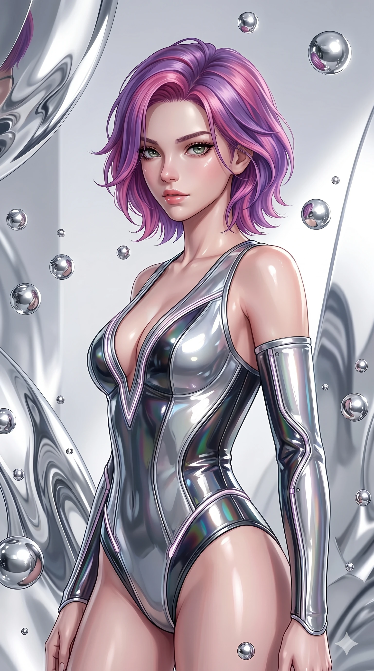 score_9, masterpiece, best quality, ultra-detailed, high-budget anime keyframe, editorial fashion photography, tasteful artistic composition, Caucasian woman, strictly human ears. Upper body close-up from the thighs up, character filling the screen for maximum presence. She is surrounded by floating mercury droplets and curved abstract mirrors that warp space. She strikes a striking fashion pose, looking over her shoulder with glossy, natural lips. She has an absolutely perfect 8-heads proportion, a tall and elegant figure with a refined silhouette and a defined waistline. V-shaped jawline, high-bridge nose, intricate jewel-like eyes with depth, thick eyelashes, glossy lips with a natural sheen. She is wearing a structured cybernetic bodice in glossy vinyl panels, paired with detached sleeves and a refined V-neckline detailed with glowing piping. The scene is bathed in highly reflective silver highlights and a stark white side studio light. 2k, ultra detail, master piece, 9:16 ratio