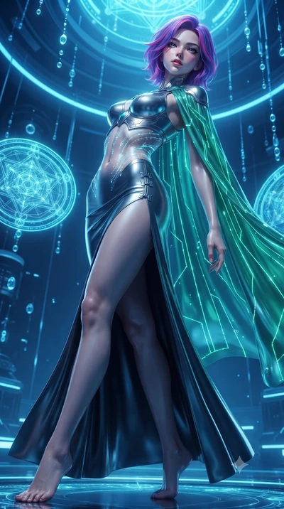 score_9, masterpiece, best quality, ultra-detailed, high-budget anime keyframe, editorial fashion photography, tasteful artistic composition, Caucasian woman. low angle full-body shot from head to toe showing her feet, filling the entire 9:16 vertica