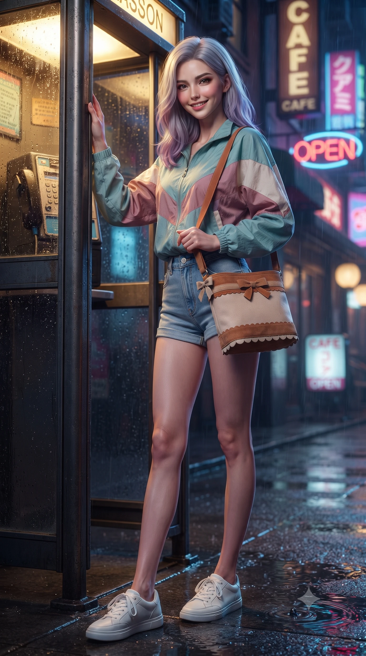 score_9, masterpiece, best quality, ultra-detailed, high-budget anime keyframe, editorial fashion photography, tasteful artistic composition, Caucasian woman. low angle full-body shot from head to toe showing her feet, filling the entire 9:16 vertical frame with her statuesque presence, stretching her vertical silhouette. standing poised with one hip cocked in an alluring high-fashion pose, her tall 8.5-heads proportions dominating the scene while leaning against the exterior booth frame under a streetlamp, smiling warmly at someone approaching beyond the camera. The surrounding environment is rendered in vivid detail and crisp panoramic clarity. detailed wet trench coat fabric, sidewalk puddle caustics, and neon reflection clarity in high resolution. She has an absolutely perfect, statuesque 8.5-heads proportion, an exceptionally tall and slender model-like female figure with impossibly long slender legs, a toned flat midriff, and an ultra-slim waist. sharp v-shaped jawline, high-bridge nose, intricate jewel-like eyes with depth, thick eyelashes, glossy lips with a natural sheen, captivating and magnetic expression, flawlessly proportioned anatomical accuracy, strict slender model proportions, natural body alignment, perfectly sculpted long slender limbs, ultra-slim waistline, clean dynamic posture without body distortion. wearing a retro pastel colorblock windbreaker paired with high-waisted denim shorts and a canvas crossbody bag in warm terracotta and oatmeal beige, tailored from velvety soft genuine suede with classic stitched seams, finished with a dainty waist ribbon bow and scalloped hemline trims, the breezy yet form-flattering drape swaying gracefully with her steps, accentuating her long willowy limbs and slim waistline. bathed in cozy yellow interior phone booth lamp light contrasting with cool neon street reflections outside. ultra-reflective glossy finish, specular highlights, rich textural contrasts, high-contrast stereoscopic depth, volumetric dynamic lighting, 2k, ultra detail, master piece, 9:16 ratio
