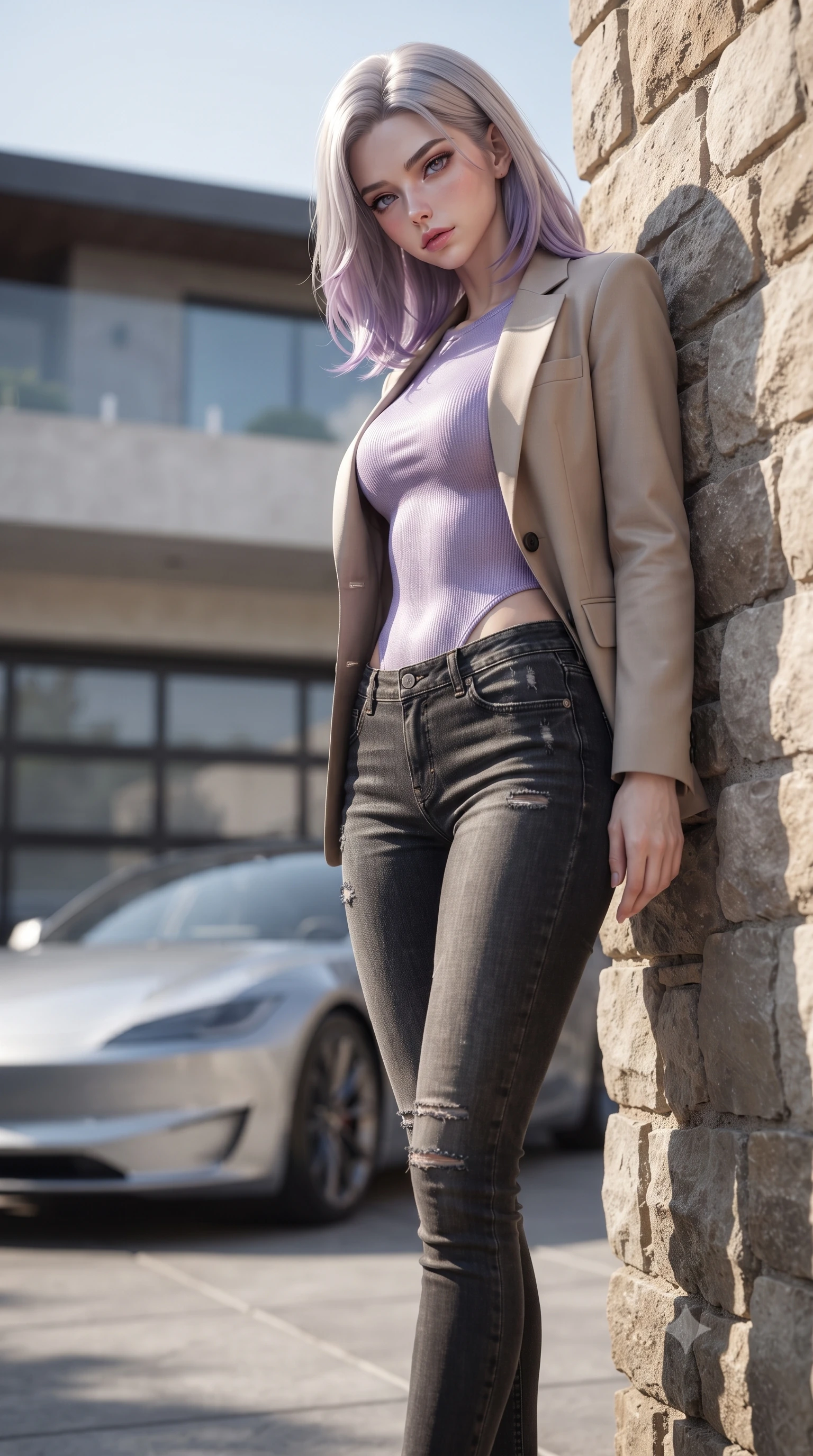 score_9, masterpiece, best quality, ultra-detailed, high-budget anime keyframe, editorial fashion photography, tasteful artistic composition, Caucasian woman. low angle full-body shot from head to toe showing her feet, filling the entire 9:16 vertical frame with her statuesque presence, stretching her vertical silhouette. leaning back against a rustic stone wall, casting a slow, alluring gaze at the camera the background shows a soft-focus a modern villa driveway with a sleek electric car and glass garage doors. She has an absolutely perfect, statuesque 8.5-heads proportion, an exceptionally tall and slender model-like female figure with impossibly long slender legs and an ultra-slim waist. sharp v-shaped jawline, high-bridge nose, intricate jewel-like eyes with depth, thick eyelashes, glossy lips with a natural sheen. wearing a tailored tight-fitting lavender knit bodysuit worn under a tailored open blazer and jeans. bright morning sun rays creating fresh and energetic shadows. ultra-reflective glossy finish, specular highlights, metallic sheen, high-contrast stereoscopic depth, volumetric dynamic lighting, 2k, ultra detail, master piece, 9:16 ratio