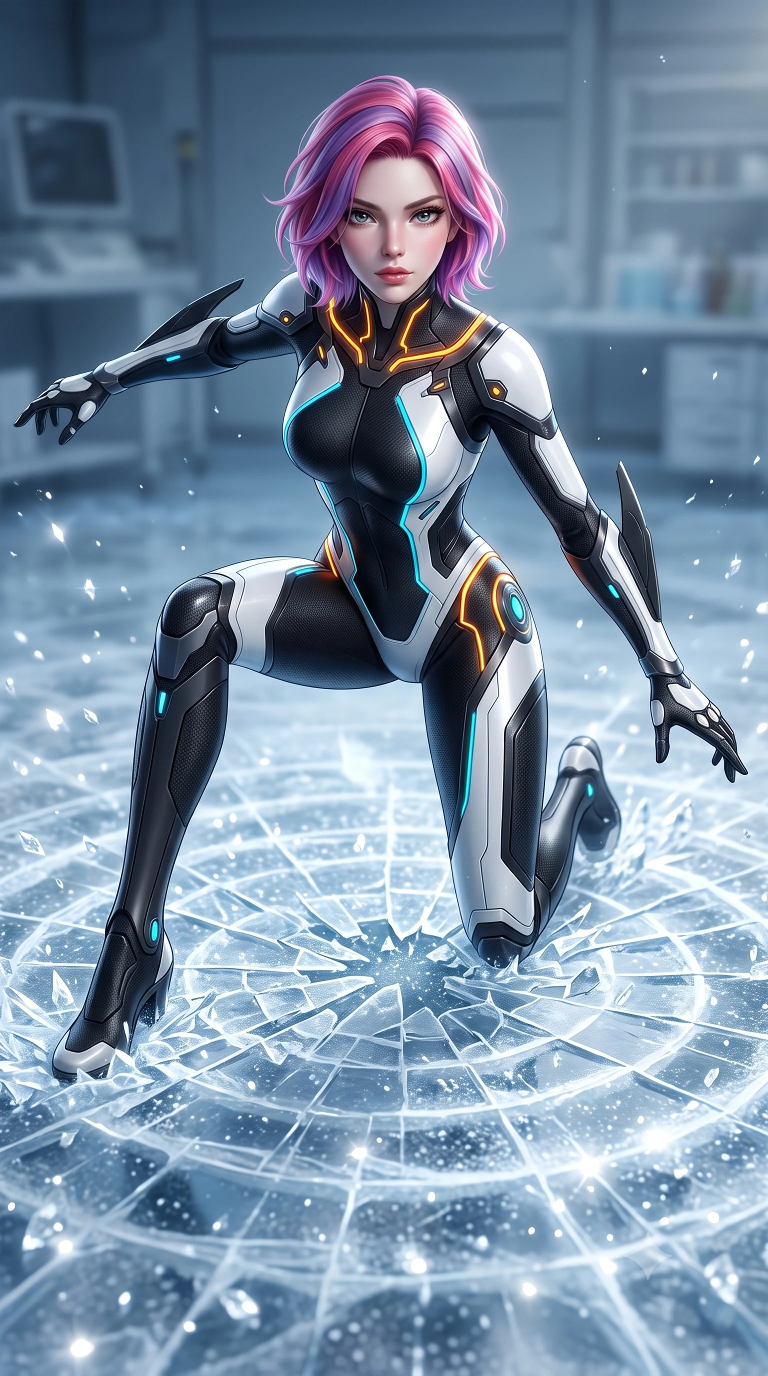 score_9, masterpiece, best quality, ultra-detailed, high-budget anime keyframe, semi-realistic 3D game render, editorial fashion photography, tasteful artistic composition, Caucasian woman. low angle full-body shot from head to toe showing her feet, filling the entire 9:16 vertical frame with her statuesque presence, stretching her vertical silhouette. landing gracefully from a high-altitude leap on one knee and palm, her statuesque silhouette framed by radial shockwave ripples in the ground while stomping forcefully onto the frozen laboratory floor, sending a radial shockwave of shattered ice and diamond frost across the room. The composition keeps background elements in soft focus with creamy bokeh. glistening diamond ice crystals scattering bright specular light motes across a cool backdrop. She has an absolutely perfect, statuesque 8.5-heads proportion, an exceptionally tall and slender model-like female figure with impossibly long slender legs, a toned flat midriff, and an ultra-slim waist. sharp v-shaped jawline, high-bridge nose, intricate jewel-like eyes with depth, thick eyelashes, glossy lips with a natural sheen, flawlessly proportioned anatomical accuracy, strict slender model proportions, natural body alignment, perfectly sculpted long slender limbs, ultra-slim waistline, clean dynamic posture without body distortion. wearing a high-contrast monochrome white-and-black carbon-composite exoskeleton suit with glowing amber circuitry and aerodynamic limb fins in matte obsidian carbon black with electric cyan conduits, made of lightweight aerodynamic carbon-titanium alloy with polished edge bevels, accented with glowing fiber-optic conduits tracing her collarbones and hip curves, the sleek second-skin cut tightly hugging her graceful clavicle, narrow waist, and feminine curves with athletic precision. surrounded by a cool, lethal, and breathtakingly alluring frost-martial-goddess aura. rich saturated anime colors with glowing neon highlights, detailed shading with soft gradients, rich glossy textures, high-contrast stereoscopic depth, volumetric dynamic lighting, master piece, 9:16 ratio