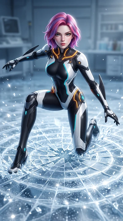 score_9, masterpiece, best quality, ultra-detailed, high-budget anime keyframe, semi-realistic 3D game render, editorial fashion photography, tasteful artistic composition, Caucasian woman. low angle full-body shot from head to toe showing her feet, 