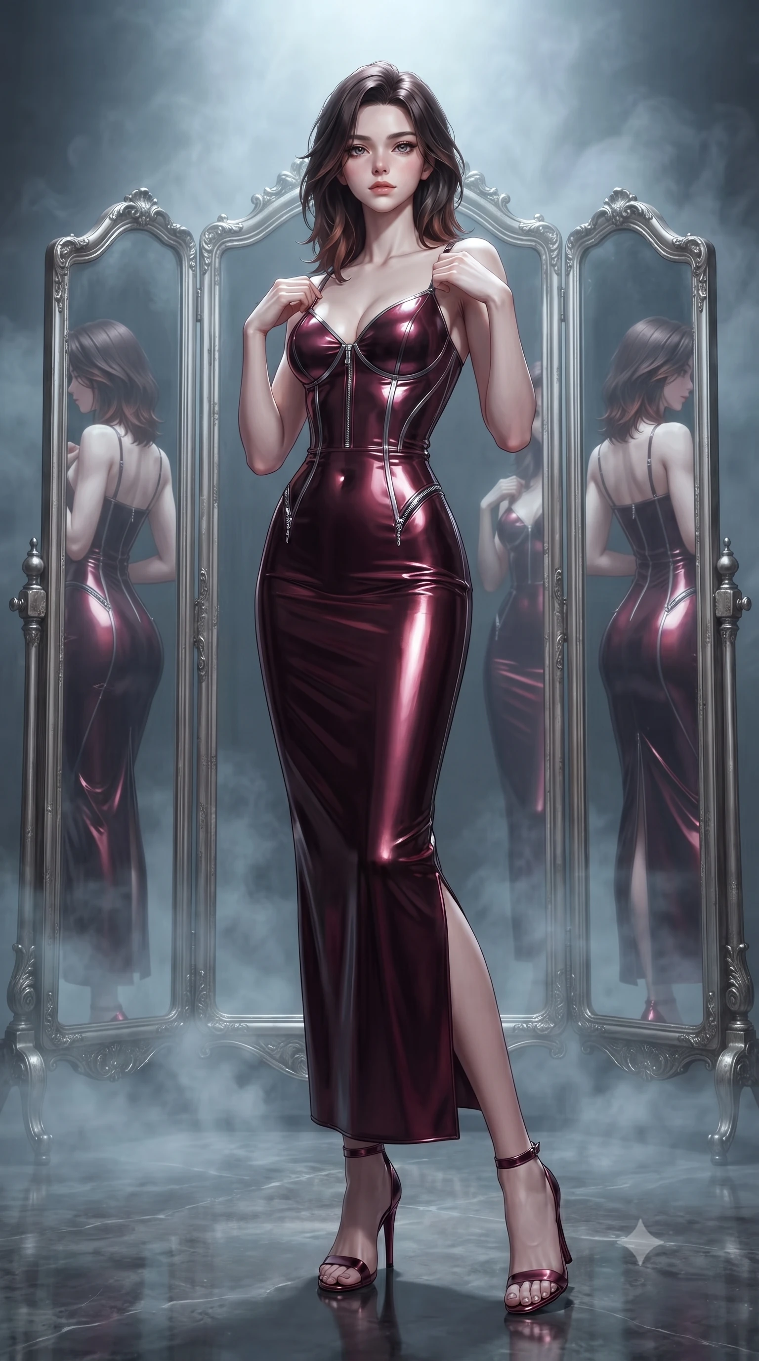 score_9, masterpiece, best quality, ultra-detailed, high-budget anime keyframe, editorial fashion photography, tasteful artistic composition, Korean woman. low angle full-body shot from head to toe showing her feet, filling the entire 9:16 vertical frame with her statuesque presence, stretching her vertical silhouette. forging confidently through the floating mist, holding a poised statuesque stance, adjusting her outfit before an antique trifold dressing mirror, trifold mirror reflecting multiple angles of her slender, statuesque silhouette. She has an absolutely perfect, statuesque 8.5-heads proportion, an exceptionally tall and slender model-like female figure with impossibly long slender legs and an ultra-slim waist. sharp v-shaped jawline, high-bridge nose, intricate jewel-like eyes with depth, thick eyelashes, glossy lips with a natural sheen. wearing form-contouring dark crimson liquid silk long slip dress in metallic dark silver, made of high-gloss liquid vinyl, finished with metallic silver boning and sleek zipper points, contouring every curve with an exceptionally elegant silhouette. lit by bright key rays highlighting her composed facial features. ultra-reflective glossy finish, specular highlights, metallic sheen, high-contrast stereoscopic depth, volumetric dynamic lighting, 2k, ultra detail, master piece, 9:16 ratio