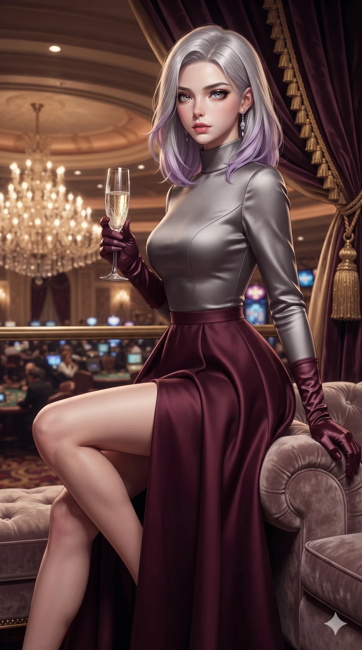 score_9, masterpiece, best quality, ultra-detailed, high-budget anime keyframe, editorial fashion photography, tasteful artistic composition, Caucasian woman. close-up cowboy shot from the waist and thighs up, the character dominates the composition, filling the frame with her large presence. perched sideways on the lounge seat, one knee drawn up to showcase her slender leg line while her arched back accentuates her feminine hip curve while standing poised on the velvet-carpeted loge, arching her lower back to accentuate her curvy hips while holding a chilled champagne flute. The composition keeps background elements in soft focus with creamy bokeh: sprawling chandelier-lit casino floor below, ornate velvet draperies with golden tassels, and distant gaming chatter blurred into topaz, gold, and burgundy bokeh. She has an exceptionally elegant, slender, and willowy female figure with an ultra-slim waist, flat toned midriff, narrow ribcage, and sculpted feminine hips creating an alluring, slim hourglass silhouette without bulk. sharp v-shaped jawline, high-bridge nose, intricate jewel-like eyes with depth, thick eyelashes, glossy parted lips with a natural sheen, intensely captivating and seductive bedroom-eyes expression, flawlessly proportioned anatomical accuracy, strict slender model proportions, natural body alignment, perfectly sculpted long slender limbs, ultra-slim waistline, clean dynamic posture without body distortion. wearing a high-neck long-sleeve evening gown in structured silk mikado with a regal floor-sweeping A-line skirt in deep wine burgundy and brushed dark platinum, crafted from bespoke double-faced cashmere with an exceptionally soft tactile finish, accessorized with opera-length satin gloves and a vintage crystal glass, the impeccably tailored cut draping gracefully along her slender figure with aristocratic poise. illuminated by golden reflection bounce defining her dewy collarbones, ultra-slim waist, and curvy hips. ultra-reflective glossy finish, specular highlights, rich textural contrasts, high-contrast stereoscopic depth, volumetric dynamic lighting, 2k, ultra detail, master piece, 9:16 ratio