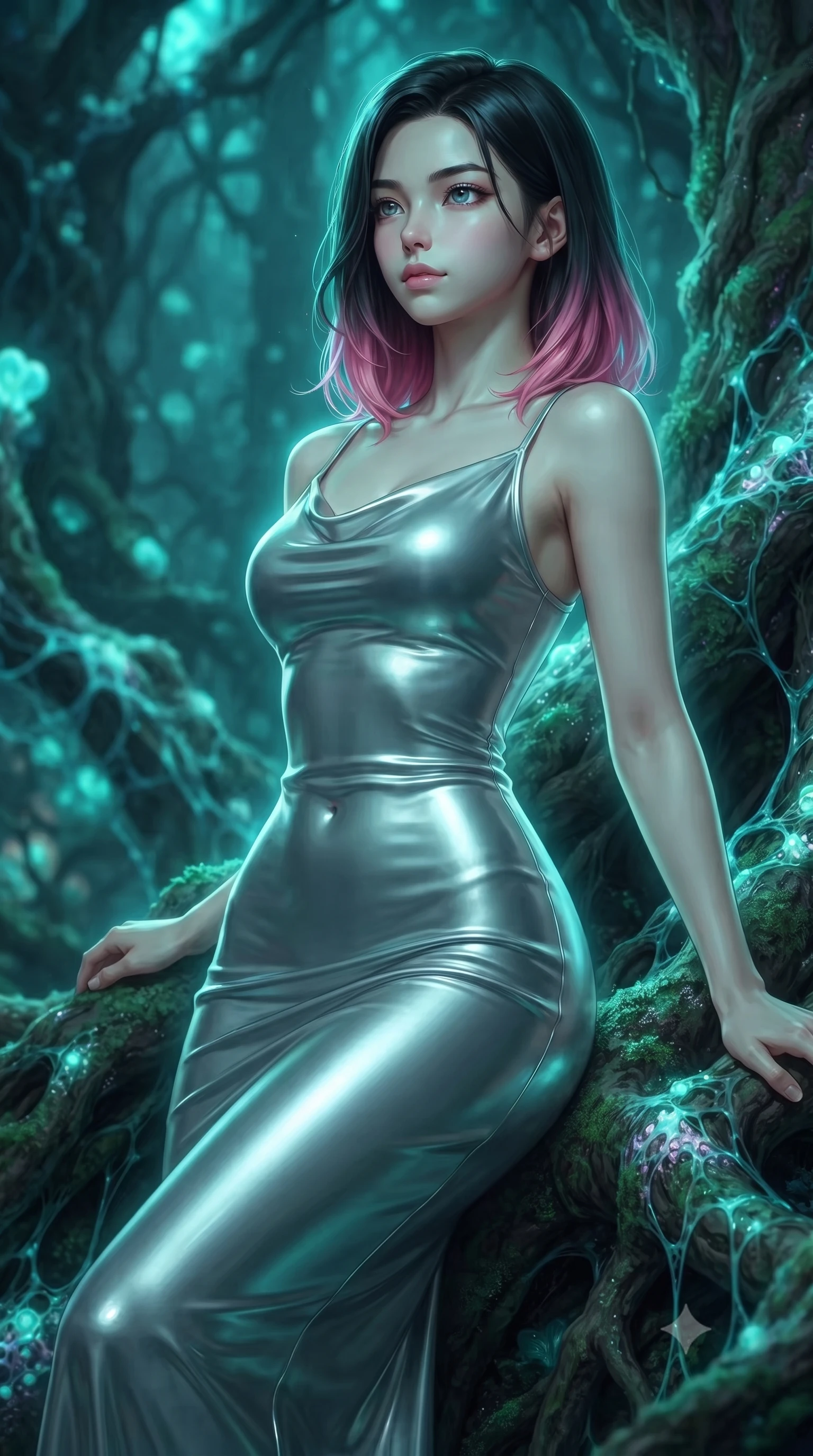 score_9, masterpiece, best quality, ultra-detailed, high-budget anime keyframe, editorial fashion photography, tasteful artistic composition, Korean woman woman. close-up cowboy shot from the waist and thighs up, the character dominates the composition, filling the frame with her large presence, background elements kept in soft focus. She has an exceptionally elegant, slender, and willowy female figure with an ultra-slim waist, a gracefully sculpted slender torso, and a refined silhouette. leaning back effortlessly against the surrounding architecture with an air of magnetic superiority, flawlessly proportioned anatomical accuracy, natural body alignment, perfectly sculpted elegant limbs, clean dynamic posture without body distortion. set against a soft-focus background of an ancient rainforest with pulsing opal fungal mycelium networks. wearing a sleek bodycon liquid silver jersey dress hugging every curve with a subtle cowl neckline. bathed in cool emerald and cyan bioluminescent organic glow wrapping her silhouette. ultra-reflective glossy finish, specular highlights, metallic sheen, high-contrast stereoscopic depth, volumetric dynamic lighting, 2k, ultra detail, master piece, 9:16 ratio