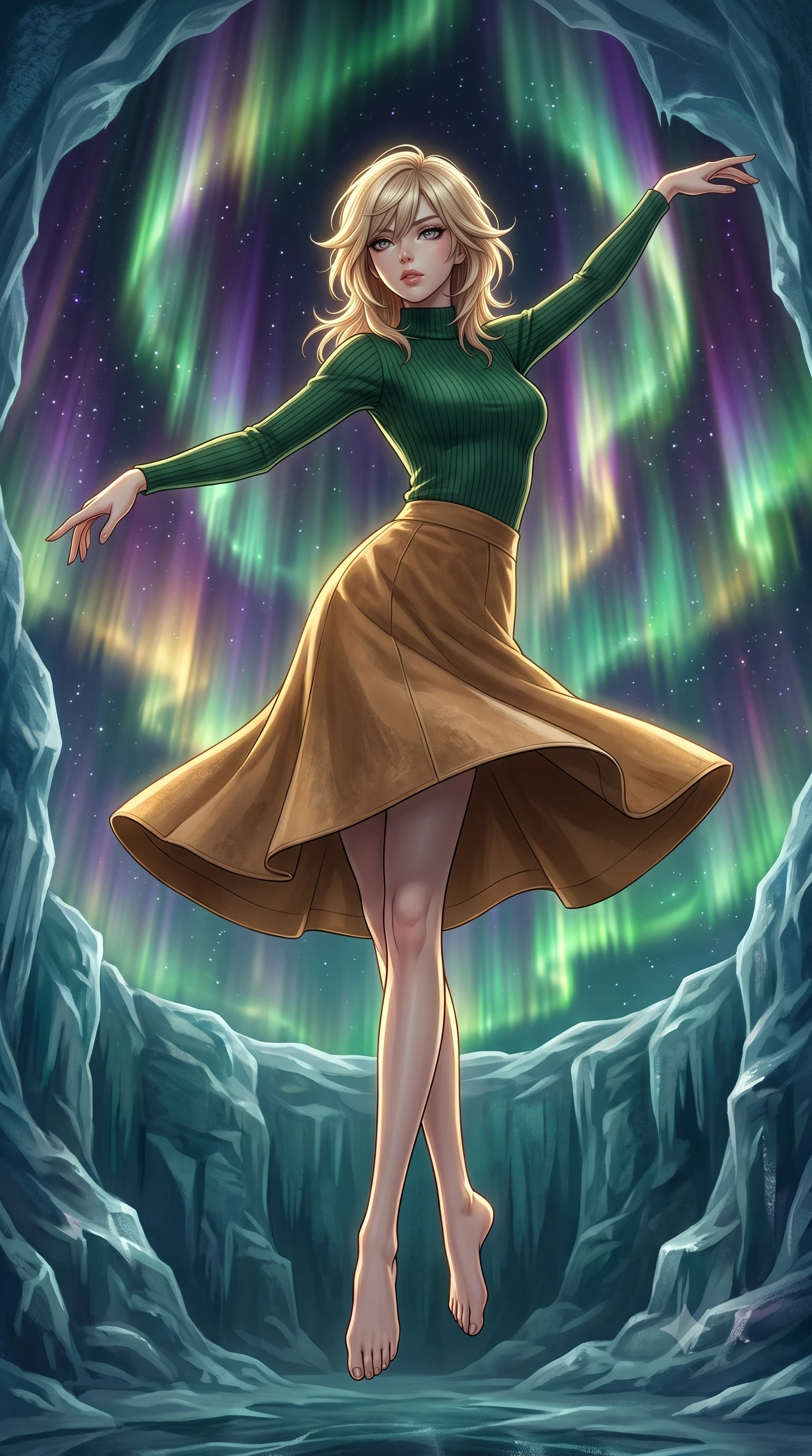 score_9, masterpiece, best quality, ultra-detailed, high-budget anime keyframe, editorial fashion photography, tasteful artistic composition, Japanese woman. low angle full-body shot from head to toe showing her feet, filling the entire 9:16 vertical frame with her statuesque presence, stretching her vertical silhouette. pirouetting mid-air inside a natural ice amphitheater on a frozen planet where magnificent plasma auroras form a living curtain of green violet and gold serving as an ever-shifting cosmic stage backdrop. She has a statuesque 8.5-heads proportion, an exceptionally tall, slender and willowy model-like build with impossibly long legs and a highly sculpted ultra-slim waist. sharp v-shaped jawline, high-bridge nose, intricate jewel-like eyes with depth, thick eyelashes, glossy lips with a natural sheen. wearing a high-neck forest green ribbed long-sleeve top paired with a tan suede A-line midi skirt. dramatic chiaroscuro with a single golden key light sculpting her silhouette. 2k, ultra detail, master piece, 9:16 ratio