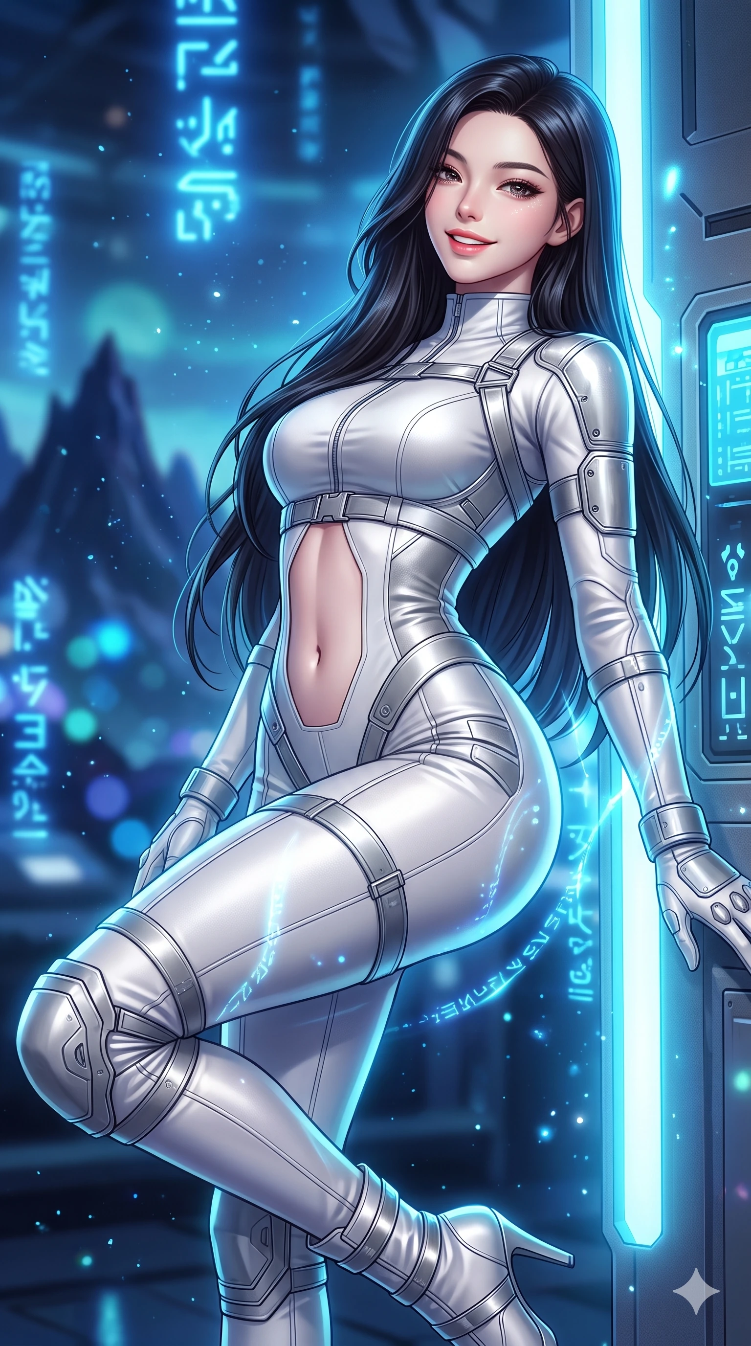 score_9, masterpiece, best quality, ultra-detailed, high-budget anime keyframe, semi-realistic 3D game render, editorial fashion photography, tasteful artistic composition, Korean woman. close-up cowboy shot from the waist and thighs up, the character dominates the composition, filling the frame with her large presence. leaning back against the glowing maintenance bulkhead with relaxed seductive grace, her flat midriff and narrow waist highlighted as laser ambient light traces her curves while twisting her slender torso in an alluring S-curve, ethereal blue glyph light wrapping around her flat midriff and hourglass curves. The background shows a soft-focus pulsing blue luminescent alien hieroglyphs, floating dust motes, and distant jagged obsidian mountain silhouettes blurred into sapphire, cyan, and deep indigo bokeh. She has an exceptionally elegant, slender, and willowy female figure with an ultra-slim waist, flat toned midriff, narrow ribcage, and sculpted feminine hips creating an alluring, slim hourglass silhouette without bulk. sharp v-shaped jawline, high-bridge nose, intricate jewel-like sparkling eyes with depth, thick eyelashes, glossy parted lips with a natural sheen, bright confident smile with an enchanting and coquettish sensual glint, exuding both youthful magnetic charm and sovereign high-tech allure, flawlessly proportioned anatomical accuracy, strict slender model proportions, natural body alignment, perfectly sculpted long slender limbs, ultra-slim waistline, clean dynamic posture without body distortion. wearing a high-neck tactical reconnaissance jumpsuit with reinforced knee and elbow articulation guards in pure alabaster white and brushed silver accents, tailored from brushed aeronautical titanium alloy with matte satin sheen, complemented by strappy stiletto combat boots with metallic ankle wraps accentuating her slender calves, the bespoke structured tailoring following the natural line of her 8.5-heads silhouette with refined elegance. illuminated by sand surface bounce and sharp sapphire-cyan rim lights sculpting her razor-sharp jawline, narrow waist, and curvy hips. highly saturated vibrant anime colors, detailed shading with soft gradients, rich glossy textures, high-contrast stereoscopic depth, volumetric dynamic lighting, master piece, 9:16 ratio