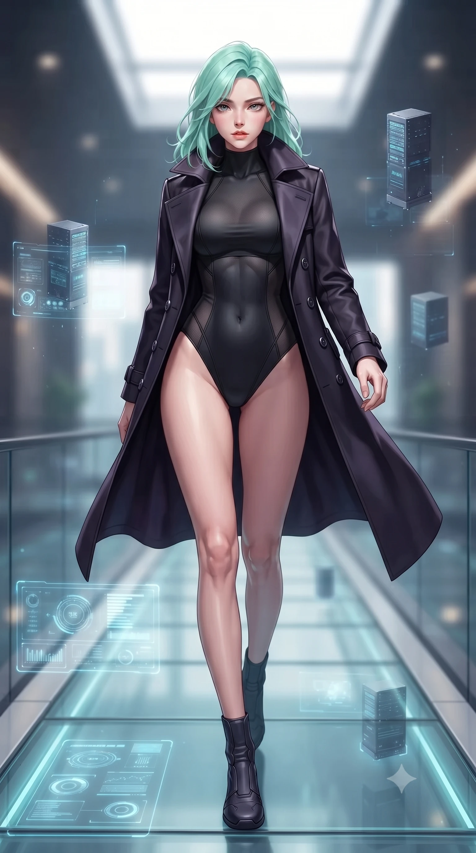 score_9, masterpiece, best quality, ultra-detailed, high-budget anime keyframe, editorial fashion photography, tasteful artistic composition, Japanese woman. low angle full-body shot from head to toe showing her feet, filling the entire 9:16 vertical frame with her statuesque presence, stretching her vertical silhouette. stepping forward gracefully in mid-motion, displaying her toned flat midriff and flawlessly sculpted slender limbs while striding across the luminous glass walkway with silent tactical footsteps and authoritative commander presence. The composition keeps background elements in soft focus with creamy bokeh. curved holographic data interfaces and floating server pylons softened in sleek shallow depth of field. She has an absolutely perfect, statuesque 8.5-heads proportion, an exceptionally tall and slender model-like female figure with impossibly long slender legs, a toned flat midriff, and an ultra-slim waist. sharp v-shaped jawline, high-bridge nose, intricate jewel-like eyes with depth, thick eyelashes, glossy lips with a natural sheen, captivating and magnetic expression, flawlessly proportioned anatomical accuracy, strict slender model proportions, natural body alignment, perfectly sculpted long slender limbs, ultra-slim waistline, clean dynamic posture without body distortion. wearing a matte-black aerodynamic stealth leotard worn under an open tailored double-breasted spy trench in shadow black with subtle deep violet undertones, made of high-mobility liquid jersey and semi-opaque reinforced mesh, finished with high-mobility flexible armor joints and magnetic gear clasps, the glove-like aerodynamic second-skin fit tightly clinging to her ultra-slender waist and athletic curves without adding bulk, accentuating her razor-sharp statuesque lines and slim hourglass silhouette. surrounded by a mastermind, elite, and dangerously seductive intelligence director aura. ultra-reflective glossy finish, specular highlights, rich textural contrasts, high-contrast stereoscopic depth, volumetric dynamic lighting, 2k, ultra detail, master piece, 9:16 ratio