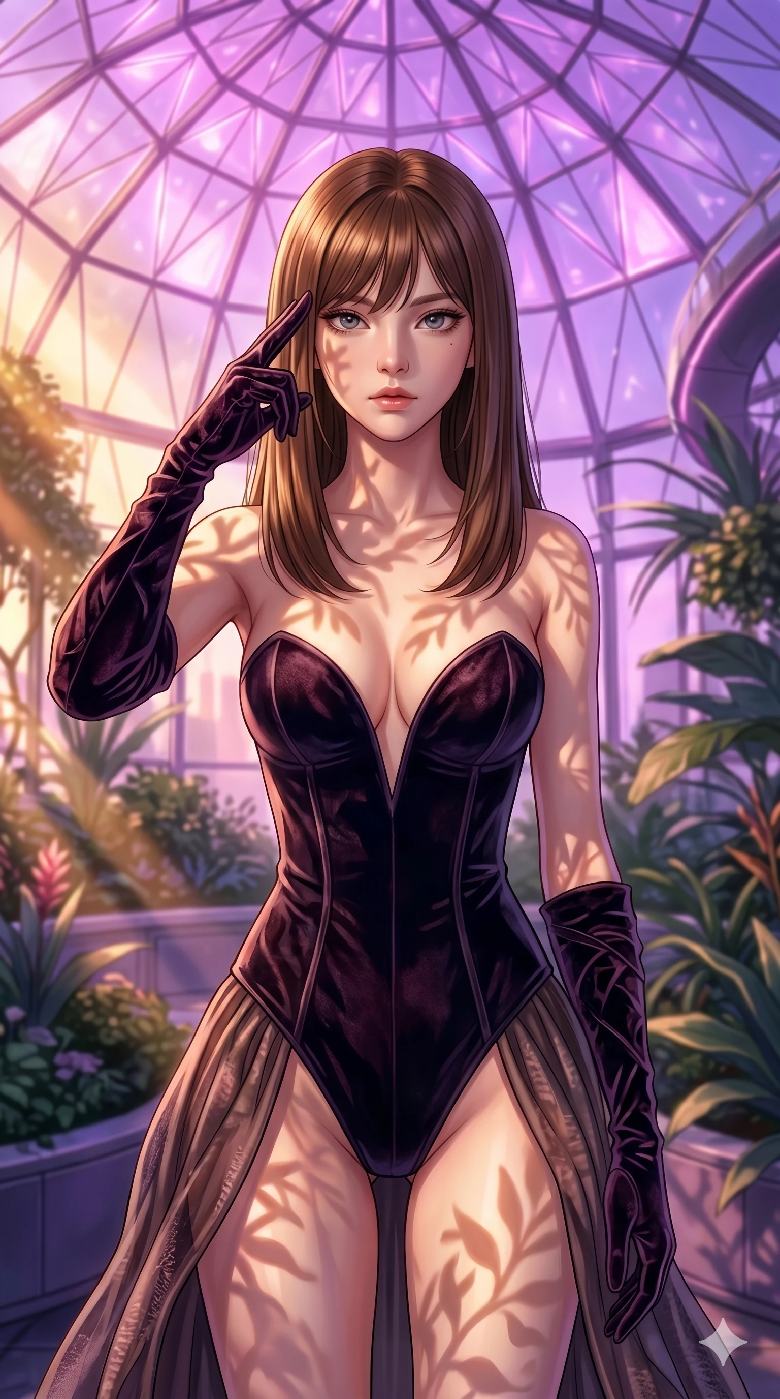 score_9, masterpiece, best quality, ultra-detailed, high-budget anime keyframe, editorial fashion photography, tasteful artistic composition, Korean woman. cowboy shot from the thighs up, character and outfit filling the frame for maximum editorial presence. pressing two fingers to her temple, looking with quiet, sharp focus in a futuristic greenhouse under a dome of glowing violet-pink glass (Code-P18-137). She has an absolutely perfect 8-heads proportion, an exceptionally tall and slender female figure with impossibly long slender legs and an ultra-slim waist. V-shaped jawline, high-bridge nose, intricate jewel-like eyes with depth, thick eyelashes, glossy lips with a natural sheen. wearing a dark velvet corset with a deep sweetheart neckline revealing her cleavage. bathed in warm, golden afternoon sunbeams, casting soft organic leaf shadows on her skin. 2k, ultra detail, master piece, 9:16 ratio