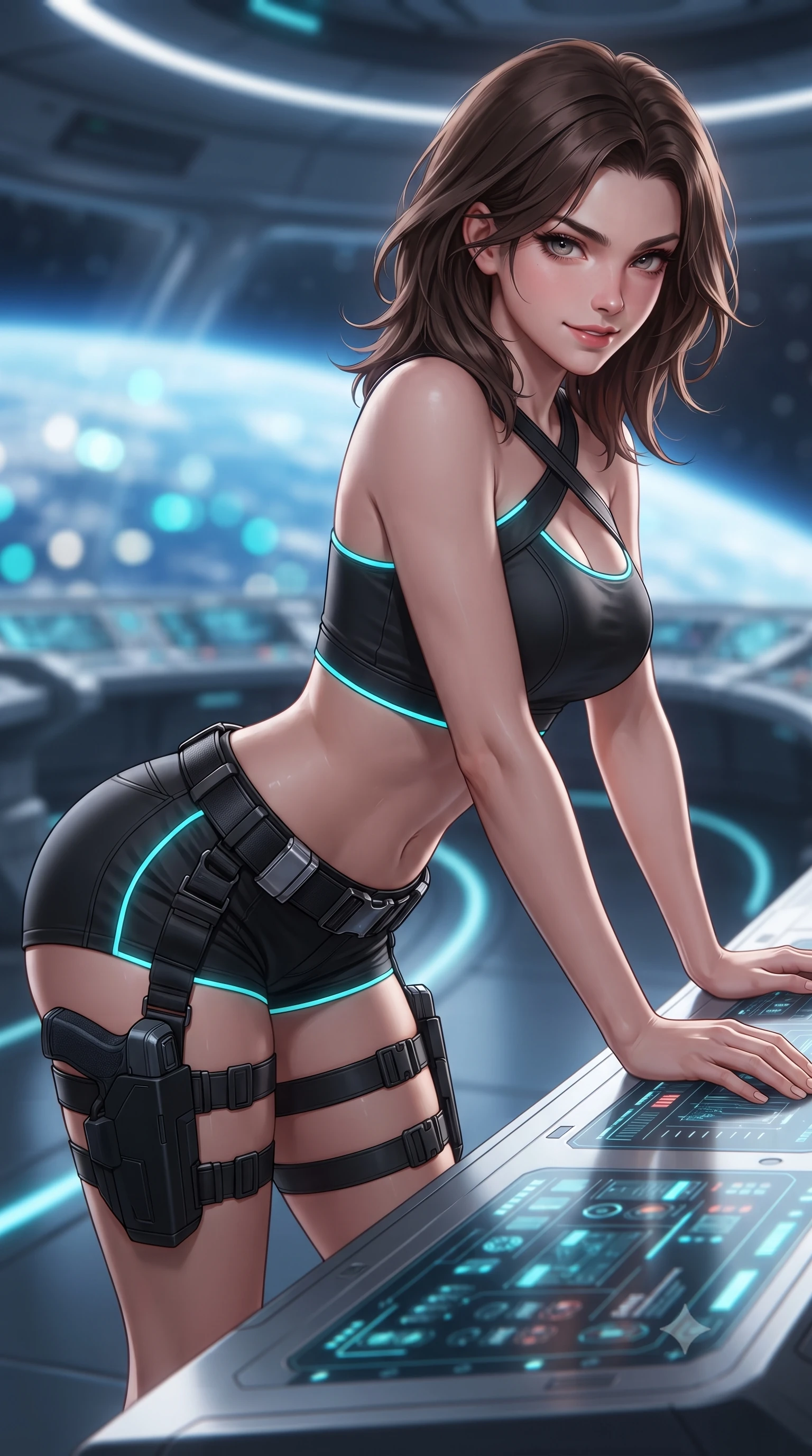 score_9, masterpiece, best quality, ultra-detailed, high-budget anime keyframe, editorial fashion photography, tasteful artistic composition, Korean woman. close-up cowboy shot from the waist and thighs up, the character dominates the composition, filling the frame with her large presence. leaning forward over the illuminated command console while arching her lower back to accentuate her curvy hips, looking into the camera with a confident smoldering smile and intense bedroom-eyes while posing in an alluring mid-air contrapposto twist with hips cocked back, looking toward the viewer with an intoxicating, playful smile. The background shows a soft-focus curving centrifugal training tracks and panoramic outer windows revealing the blue Earth blurred into azure, cloud white, and neon cyan bokeh. She has an exceptionally elegant, slender, and willowy female figure with an ultra-slim waist, flat toned midriff, narrow ribcage, and sculpted feminine hips creating an alluring, slim hourglass silhouette without bulk. sharp v-shaped jawline, high-bridge nose, intricate jewel-like sparkling eyes with depth, thick eyelashes, glossy parted lips with a natural sheen, bright confident smile with an enchanting and coquettish sensual glint, exuding both youthful magnetic charm and sovereign high-tech allure, flawlessly proportioned anatomical accuracy, strict slender model proportions, natural body alignment, perfectly sculpted long slender limbs, ultra-slim waistline, clean dynamic posture without body distortion. wearing a high-tech mechanic crop top with asymmetric shoulder straps paired with ultra-fitted tactical hot-pants and thigh holsters in matte obsidian black and glowing neon cyan trim, formed from supple thermal silicone composite adhering seamlessly like a second skin, accented with a sleek utility belt with polished magnetic canisters resting loosely on her curvy hips, the form-fitting tactical tailoring adhering flawlessly to her sculpted flat midriff and slender torso, emphasizing her long leg lines and perfectly proportioned willowy build. illuminated by floor LED guides and sharp platinum rim lights defining her razor-sharp jawline, narrow waist, and curvy hips. ultra-reflective glossy finish, specular highlights, rich textural contrasts, high-contrast stereoscopic depth, volumetric dynamic lighting, 2k, ultra detail, master piece, 9:16 ratio
