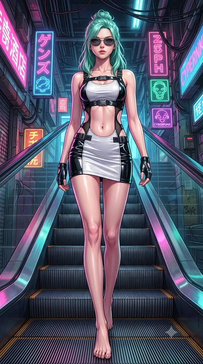 score_9, masterpiece, best quality, ultra-detailed, high-budget anime keyframe, semi-realistic 3D game render, editorial fashion photography, tasteful artistic composition, Japanese woman. low angle full-body shot from head to toe showing her feet, f