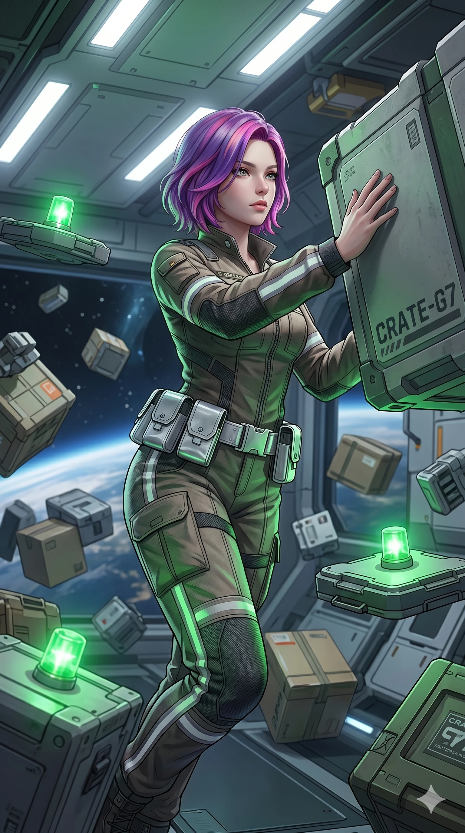 score_9, masterpiece, best quality, ultra-detailed, high-budget anime keyframe, semi-realistic 3D game render, Caucasian woman, strictly human ears. Upper body close-up from the thighs up, character filling the screen for maximum presence. Standing in a zero-gravity cargo bay, surrounded by floating crates, pushing a container with a fluid, graceful movement. She is wearing a utility jumpsuit with reflective panels and a silver utility belt. The scene is illuminated by green safety beacons and white workspace lights. 2k, ultra detail, master piece, 9:16 ratio