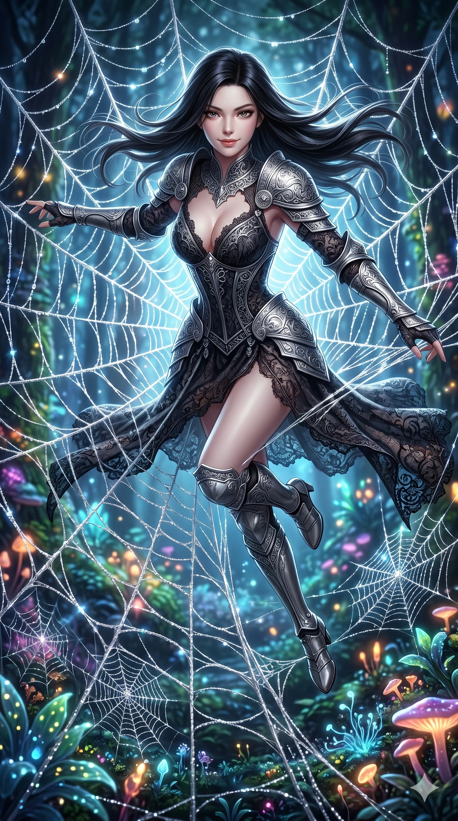 score_9, masterpiece, best quality, ultra-detailed, Set A: Photorealistic 8k CG, Japanese woman. Low angle cowboy shot filling the entire 9:16 frame with her statuesque presence. Leaping through a giant spiderweb made of silver silk. She has an absolutely perfect 8-heads proportion, an exceptionally tall and slender female figure with elegant long slender legs and an slender waist. Sharp v-shaped jawline, high-bridge nose, intricate jewel-like eyes with depth, thick eyelashes, glossy lips. Wearing a Dark Fantasy outfit: gothic lace corset gown with silver armor and a v-neckline. Background is a bright and colorful dark forest with glowing plants and sparkling silver webs. 2k, ultra detail, master piece, 9:16 ratio