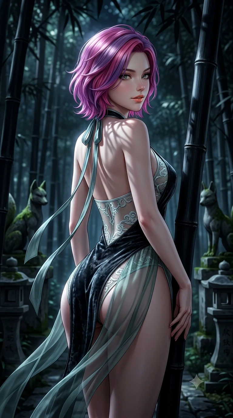 score_9, masterpiece, best quality, ultra-detailed, high-budget anime keyframe, semi-realistic 3D game render, editorial fashion photography, tasteful artistic composition, Caucasian woman. close-up cowboy shot from the waist and thighs up, the character dominates the composition, filling the frame with her large presence. posing in an alluring rear three-quarter angle, looking over a bare shoulder with parted glossy lips, her hips cocked back to highlight her slim hourglass curve while leaning against a black bamboo stalk with hips cocked back, night breezes fluttering her silk garments open around her curves. The background shows a soft-focus towering black bamboo stalks, moss-covered kitsune fox statues, and stone pathway lanterns blurred into jade, silver, and slate bokeh. She has an exceptionally elegant, slender, and willowy female figure with an ultra-slim waist, flat toned midriff, narrow ribcage, and sculpted feminine hips creating an alluring, slim hourglass silhouette without bulk. sharp v-shaped jawline, high-bridge nose, sparkling eyes with hypnotic seductive depth, thick curled eyelashes, glossy parted lips with a natural dewy peach sheen, alluring bedroom-eyes with an enchanting coquettish smile, exuding magnetic siren charisma and sophisticated glamour, flawlessly proportioned anatomical accuracy, strict slender model proportions, natural body alignment, perfectly sculpted long slender limbs, ultra-slim waistline, clean dynamic posture without body distortion. wearing a provocative sheer-illusion nanotech lace bodysuit with traditional cloud embroidery flocking and high-cut leg openings in moonlit jade green and pure alabaster white with silver accents, tailored from crushed dark velvet with deep light-absorbing plush texture, finished with long silk ribbon ties fluttering down her bare spine from a backless halter, the glove-like clinging cut tightly following the natural contour of her hips and long slender legs with youthful 8.5-heads elegance. bathed in crisp silver moonlight filtering down through dense bamboo canopies creating intricate linear shadows. highly saturated vibrant anime colors, detailed shading with soft gradients, rich glossy textures, high-contrast stereoscopic depth, volumetric dynamic lighting, master piece, 9:16 ratio