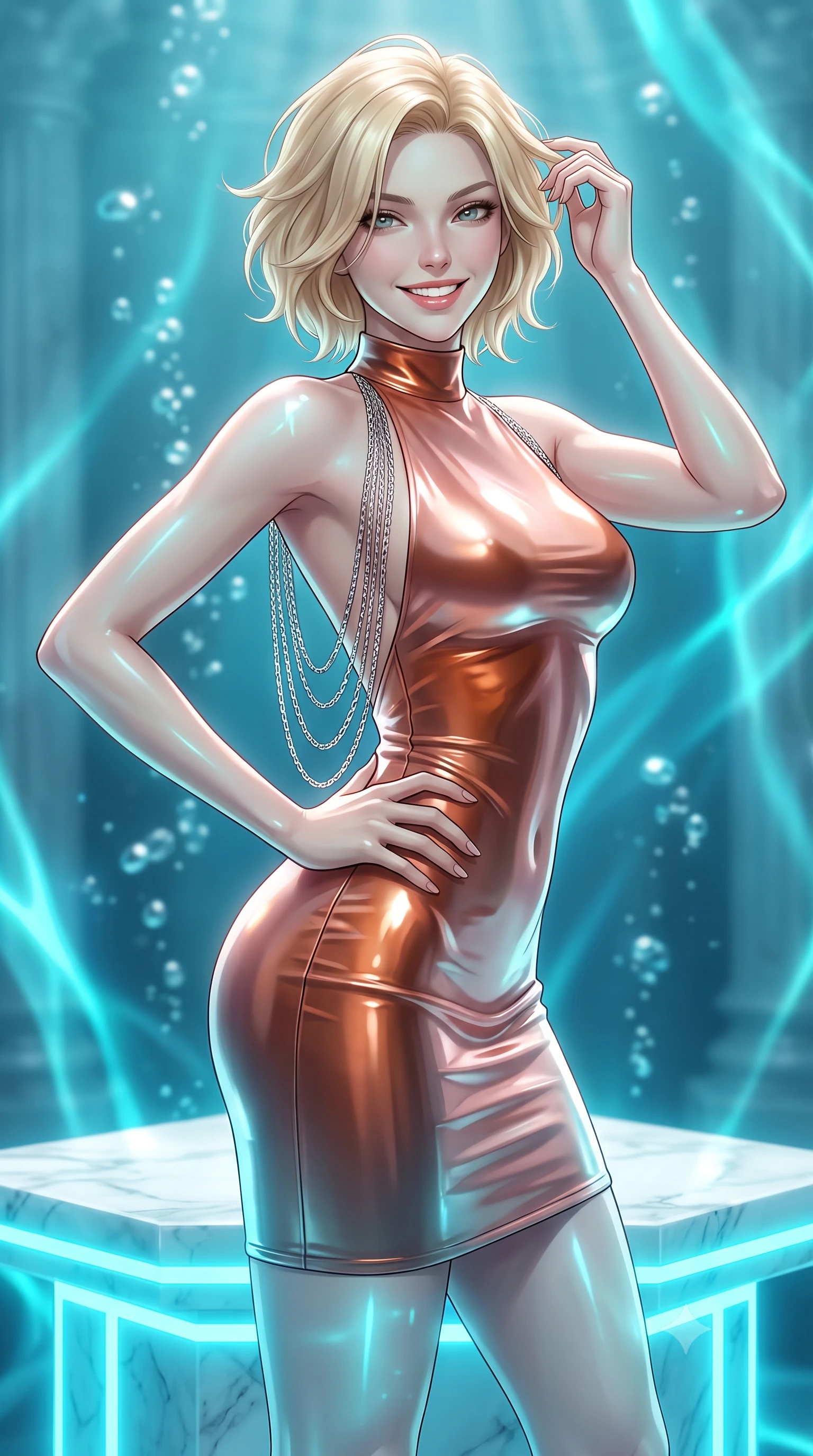 score_9, masterpiece, best quality, ultra-detailed, high-budget anime keyframe, editorial fashion photography, tasteful artistic composition, Caucasian woman. close-up cowboy shot from the waist and thighs up, the character dominates the composition, filling the frame with her large presence. twisting her slender torso in an alluring contrapposto stance, one hand resting on her sculpted hip while her fingers toy with her hair with effortless poise while standing poised on the submerged white marble podium reconstructed with solid cyan hard-light holograms, arching her lower back with sovereign supermodel allure. The background shows a soft-focus gentle rising micro-bubbles softened in underwater neo-classical sanctuary shallow focus. She has an exceptionally elegant, slender, and willowy female figure with an ultra-slim waist, flat toned midriff, narrow ribcage, and sculpted feminine hips creating an alluring, slim hourglass silhouette without bulk. sharp v-shaped jawline, high-bridge nose, intricate jewel-like sparkling eyes with depth, thick eyelashes, glossy parted lips with a natural peach sheen, bright cheerful beaming smile with an enchanting and coquettish sensual glint, exuding both youthful cute charm and seductive allure, flawlessly proportioned anatomical accuracy, strict slender model proportions, natural body alignment, perfectly sculpted long slender limbs, ultra-slim waistline, clean dynamic posture without body distortion. wearing a dense bandage knit cyber-cocktail dress with mock neck hugging her delicate ribcage and hips like a second skin in high-gloss rose-gold and burnished copper, made of fluid liquid jersey with seamless sculpting hold and smooth contours, accented with an open-back drape framed by falling strands of delicate chrome chains, the glove-like clinging cut tightly following the natural contour of her hips and long slender legs with youthful 8.5-heads elegance. bathed in brilliant underwater cyan caustic ribbons and pulsing hard-light holographic projections. ultra-reflective glossy finish, specular highlights, rich textural contrasts, high-contrast stereoscopic depth, volumetric dynamic lighting, 2k, ultra detail, master piece, 9:16 ratio