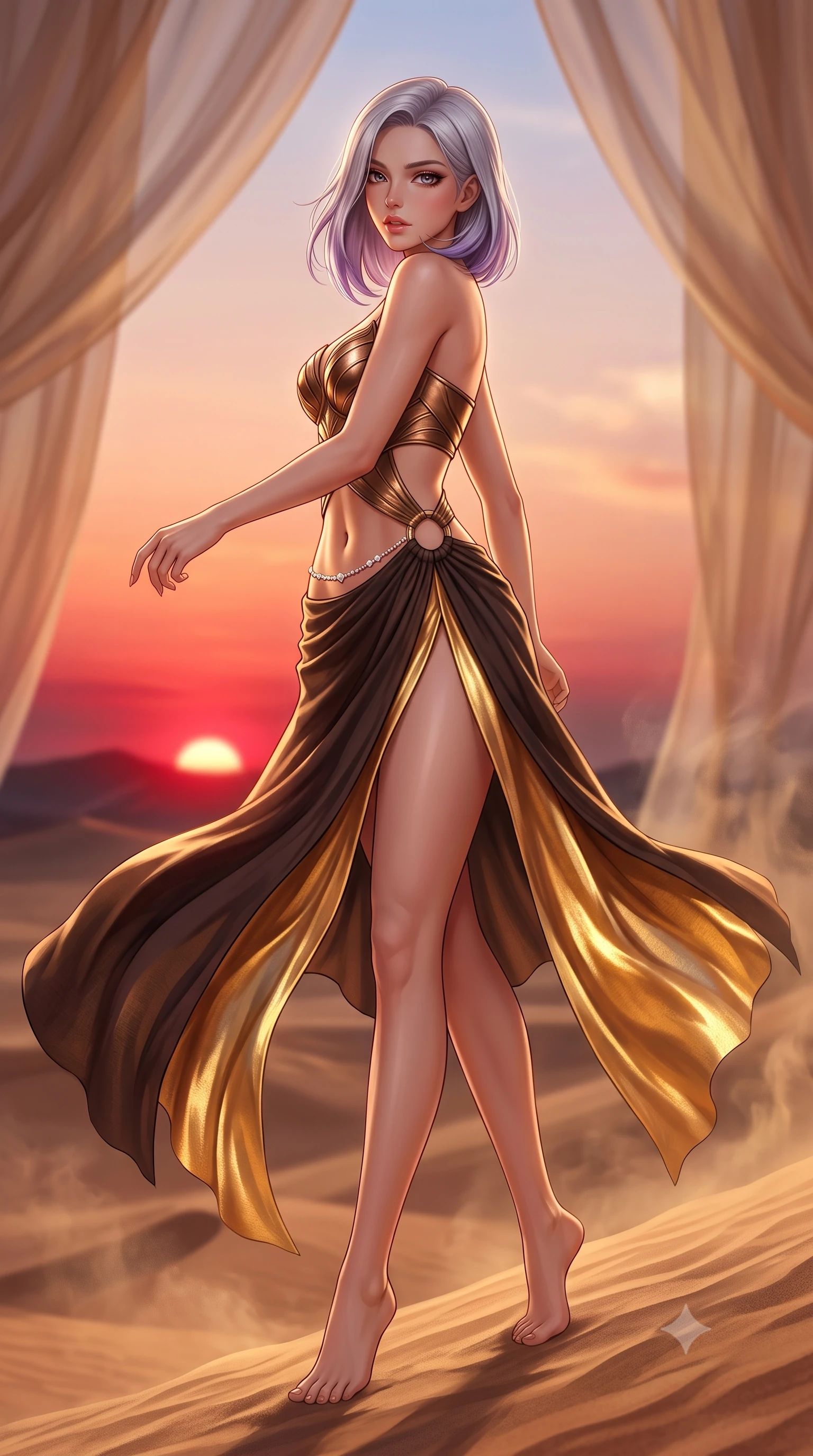 score_9, masterpiece, best quality, ultra-detailed, high-budget anime keyframe, semi-realistic 3D game render, editorial fashion photography, tasteful artistic composition, Caucasian woman. low angle full-body shot from head to toe showing her feet, filling the entire 9:16 vertical frame with her statuesque presence, stretching her vertical silhouette. executing an elegant mid-motion pivot turn as garments swirl around her slender limbs, glancing over her shoulder with an intoxicating bedroom-gaze while striding along the ridge of the desert sands, hips swaying in an alluring kinetic rhythm as the crimson sun sinks beneath the horizon. The composition keeps background elements in soft focus with creamy bokeh. billowing silk canopy drapes and rising desert heat haze softened in dreamy shallow focus. She has an absolutely perfect, statuesque 8.5-heads proportion, an exceptionally tall and slender model-like female figure with impossibly long slender legs, a toned flat midriff, an ultra-slim waist, and beautifully sculpted feminine hips. sharp v-shaped jawline, high-bridge nose, intricate jewel-like eyes with depth, thick eyelashes, glossy parted lips with a natural sheen, intensely captivating and seductive bedroom-eyes expression, flawlessly proportioned anatomical accuracy, strict slender model proportions, natural body alignment, perfectly sculpted long slender limbs, ultra-slim waistline, clean dynamic posture without body distortion. wearing a sculpted metallic bronze bustier dress with an open-waist ring cutout and flowing high-slit sarong skirt in dark espresso brown and glowing gold foil, crafted from breathable crinkled linen with organic desert dye, accented with a dainty diamond waist chain framing her sun-kissed midriff, the form-contouring material adhering flawlessly to her sculpted flat midriff and slender torso, emphasizing her long leg lines and perfectly proportioned willowy build. illuminated by dramatic low-angle sun rays defining her razor-sharp jawline, narrow waist, and curvy hips. highly saturated vibrant anime colors, detailed shading with soft gradients, rich glossy textures, high-contrast stereoscopic depth, volumetric dynamic lighting, master piece, 9:16 ratio