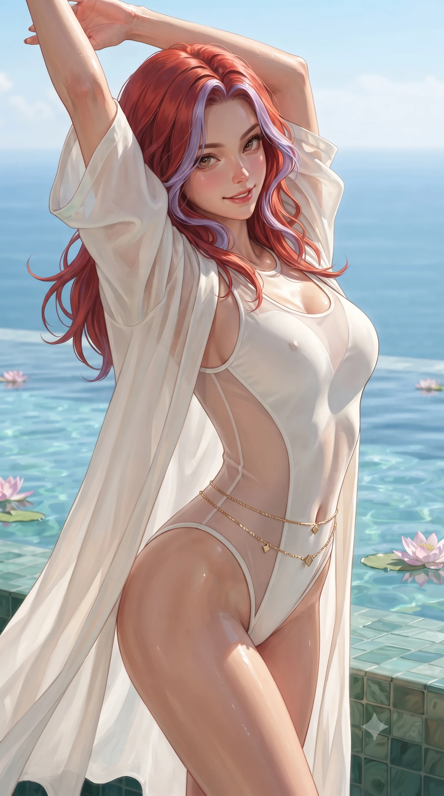 score_9, masterpiece, best quality, ultra-detailed, high-budget anime keyframe, editorial fashion photography, tasteful artistic composition, Caucasian woman. close-up cowboy shot from the waist and thighs up, the character dominates the composition, filling the frame with her large presence. arching her back languidly with arms stretching overhead, highlighting her narrow waist and feminine silhouette in pure supermodel elegance while leaning forward over the crystal infinity barrier with hips cocked, looking back with a playful, teasing smile. The surrounding environment is rendered in vivid detail and crisp panoramic clarity. sharp water surface tension ripples, carved jade pool tiling, and floating lotus petal veins in deep focus. She has an exceptionally elegant, slender, and willowy female figure with an ultra-slim waist, a gracefully sculpted slender torso, toned flat midriff, and a refined slim silhouette. sharp v-shaped jawline, high-bridge nose, intricate jewel-like eyes with depth, thick eyelashes, glossy parted lips with a natural sheen, intensely captivating and seductive expression, flawlessly proportioned anatomical accuracy, strict slender model proportions, natural body alignment, perfectly sculpted long slender limbs, ultra-slim waistline, clean dynamic posture without body distortion. wearing a modern bio-tech swimwear monokini with sheer mesh side contours and an airy chiffon resort robe in pristine ivory white and brushed brass gold, made of flexible bio-polymer knit with second-skin elasticity, accented with an ultra-slim golden waist chain accentuating her flat midriff, the lightweight liquid-knit fabric adhering like a second skin to her slender frame, highlighting her effortless sun-kissed charm. bathed in midday azure skylight and shimmering pool water caustic bounce lights. ultra-reflective glossy finish, specular highlights, rich textural contrasts, high-contrast stereoscopic depth, volumetric dynamic lighting, 2k, ultra detail, master piece, 9:16 ratio