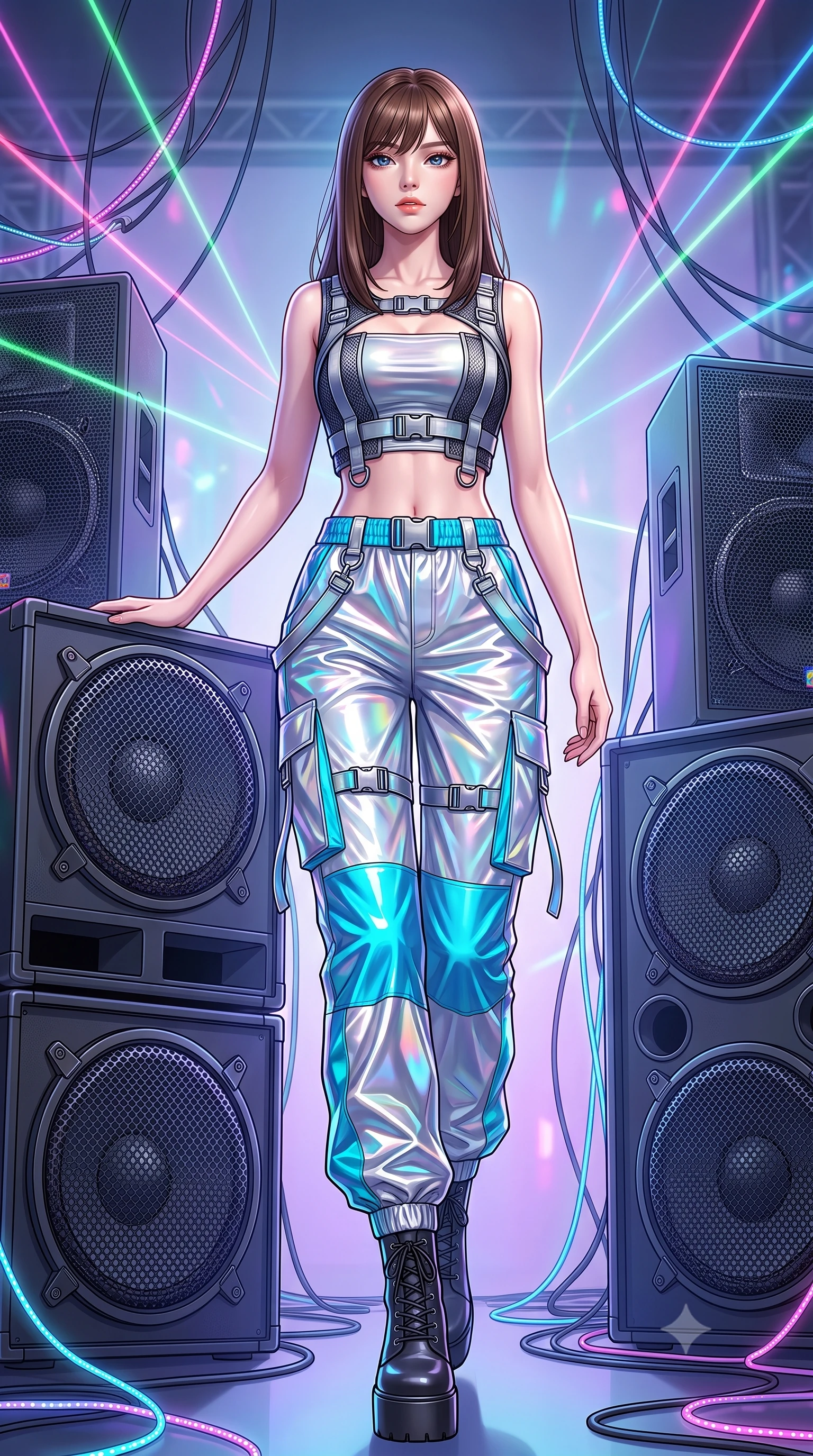 score_9, masterpiece, best quality, ultra-detailed, high-budget anime keyframe, semi-realistic 3D game render, editorial fashion photography, tasteful artistic composition, Korean woman. low angle full-body shot from head to toe showing her feet, filling the entire 9:16 vertical frame with her statuesque presence, stretching her vertical silhouette. striding forward in a proud, dynamic supermodel runway stride, her statuesque vertical silhouette commanding the entire frame while leaning against a heavy subwoofer speaker stack with confident Y2K attitude and flawless vertical posture. The surrounding environment is rendered in vivid detail and crisp panoramic clarity. intricate audio speaker grilles, glowing LED accessory cables, and laser beam paths in high resolution. She has an absolutely perfect, statuesque 8.5-heads proportion, an exceptionally tall and slender model-like female figure with impossibly long slender legs, a toned flat midriff, and an ultra-slim waist. sharp v-shaped jawline, high-bridge nose, intricate jewel-like eyes with depth, thick eyelashes, glossy lips with a natural sheen, captivating and magnetic expression, flawlessly proportioned anatomical accuracy, strict slender model proportions, natural body alignment, perfectly sculpted long slender limbs, ultra-slim waistline, clean dynamic posture without body distortion. wearing a futuristic cropped tech-harness vest worn over a silver reflective tube top and high-rise metallic parachute cargo pants in holographic silver and electric cyan, crafted from high-gloss metallic ripstop nylon and flexible carbon mesh, detailed with heavy-duty chrome quick-release buckles and D-ring straps, the liquid-tight tailored fabric emphasizing every curve of her tall, slender model proportions and sculptured silhouette during dynamic movement. surrounded by a vibrant, fearless, and passionately energetic Y2K party queen aura. highly saturated vibrant anime colors, detailed shading with soft gradients, rich glossy textures, high-contrast stereoscopic depth, volumetric dynamic lighting, master piece, 9:16 ratio