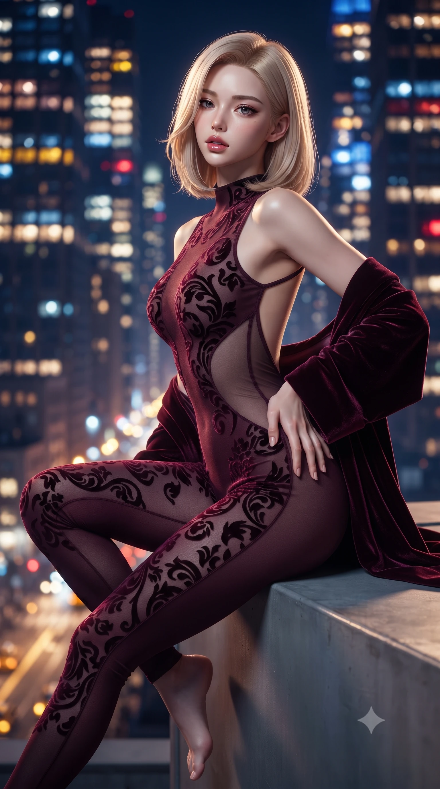 score_9, masterpiece, best quality, ultra-detailed, high-budget anime keyframe, editorial fashion photography, tasteful artistic composition, Korean woman. close-up cowboy shot from the waist and thighs up, the character dominates the composition, filling the frame with her large presence. arching her spine backward with effortless dancer poise, one hand sliding along her hip line as directional light carves specular highlights along her silhouette while sitting perched on the raised helipad edge with one knee drawn up and long legs angled down, her narrow waist and curved hips sculpted by wind. The composition keeps background elements in soft focus with creamy bokeh. thousands of glowing Manhattan skyscraper windows and yellow cab light trails blurred into sapphire, amber, and ruby bokeh. She has an exceptionally elegant, slender, and willowy female figure with an ultra-slim waist, flat toned midriff, narrow ribcage, and sculpted feminine hips creating an alluring, slim hourglass silhouette without bulk. sharp v-shaped jawline, high-bridge nose, intricate jewel-like eyes with depth, thick eyelashes, glossy parted lips with a natural sheen, intensely captivating and seductive bedroom-eyes expression, flawlessly proportioned anatomical accuracy, strict slender model proportions, natural body alignment, perfectly sculpted long slender limbs, ultra-slim waistline, clean dynamic posture without body distortion. wearing a second-skin compression catsuit with an open back and sheer mesh side waist contouring in deep wine burgundy and brushed dark platinum, made of sheer contouring power-mesh with velvet flocking patterns, complemented by a plush velvet shawl draped loosely over her elbows, the form-contouring material adhering flawlessly to her sculpted flat midriff and slender torso, emphasizing her long leg lines and perfectly proportioned willowy build. illuminated by crisp directional wind-edge highlights sculpting her bare collarbones, slender waist, and curvy hips. ultra-reflective glossy finish, specular highlights, rich textural contrasts, high-contrast stereoscopic depth, volumetric dynamic lighting, 2k, ultra detail, master piece, 9:16 ratio