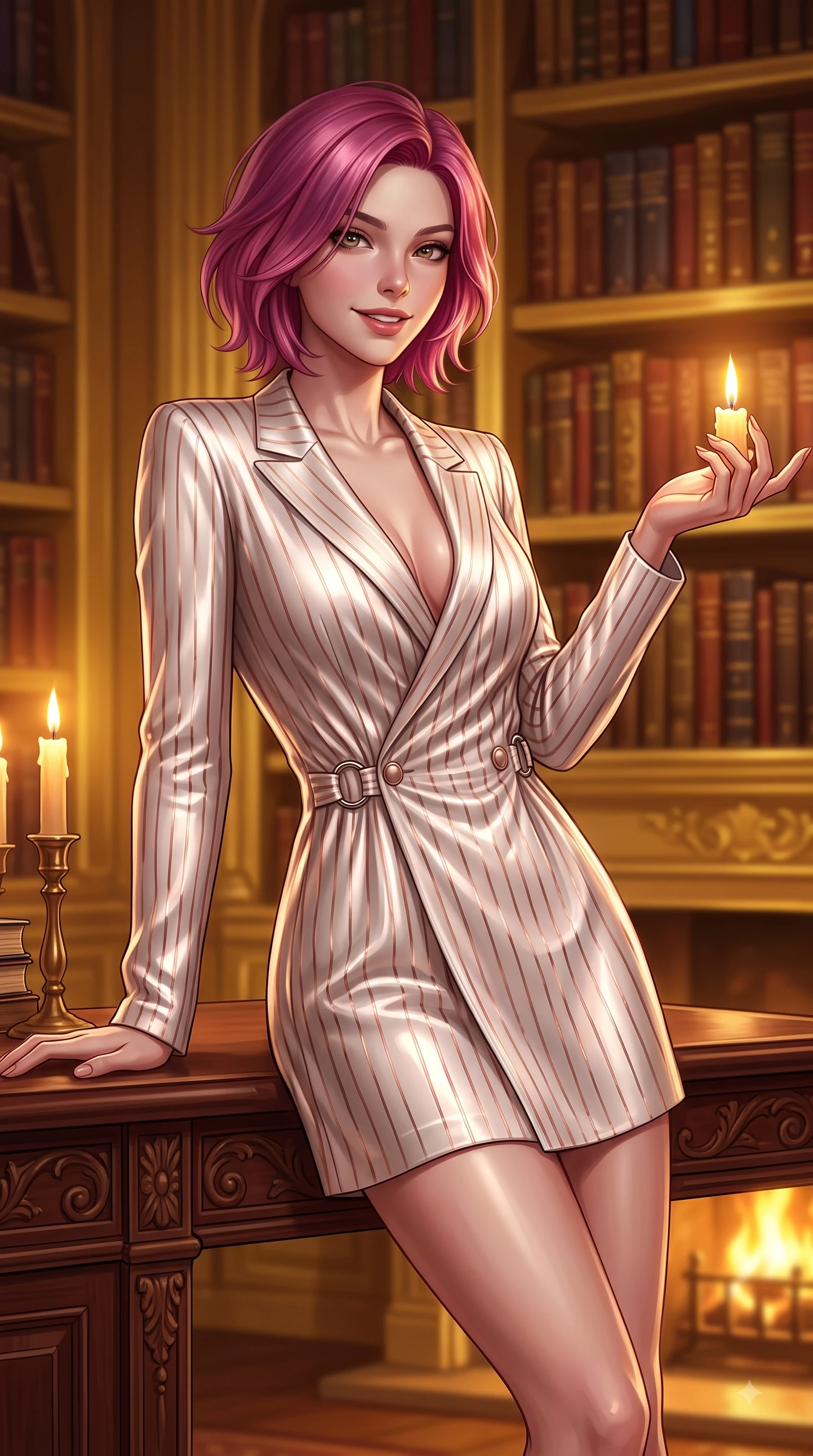score_9, masterpiece, best quality, ultra-detailed, high-budget anime keyframe, editorial fashion photography, tasteful artistic composition, Caucasian woman. close-up cowboy shot from the waist and thighs up, the character dominates the composition, filling the frame with her large presence, background elements kept in soft focus. Extending one arm in an elegant stretch toward the light while smiling with magnetic self-assurance while leaning back against a carved mahogany reading desk in an antique library lit by warm candlelight, thousands of antique leather-bound books stacked along majestic golden shelves. She has an exceptionally elegant, slender, and willowy female figure with an ultra-slim waist, a gracefully sculpted slender torso, and a refined silhouette. sharp v-shaped jawline, high-bridge nose, intricate jewel-like eyes with depth, thick eyelashes, glossy lips with a natural sheen, flawlessly proportioned anatomical accuracy, natural body alignment, perfectly sculpted elegant limbs, clean dynamic posture without body distortion. wearing a double-breasted blazer dress with subtle metallic pin-stripes in pearl white and rose gold, crafted from smooth liquid silk, accented with delicate chrome ring hardware framing her waist, the elegant draped fit framing her graceful clavicle and slender torso. bathed in rich amber candlelight and warm golden hearth flame backlighting. ultra-reflective glossy finish, specular highlights, metallic sheen, high-contrast stereoscopic depth, volumetric dynamic lighting, 2k, ultra detail, master piece, 9:16 ratio