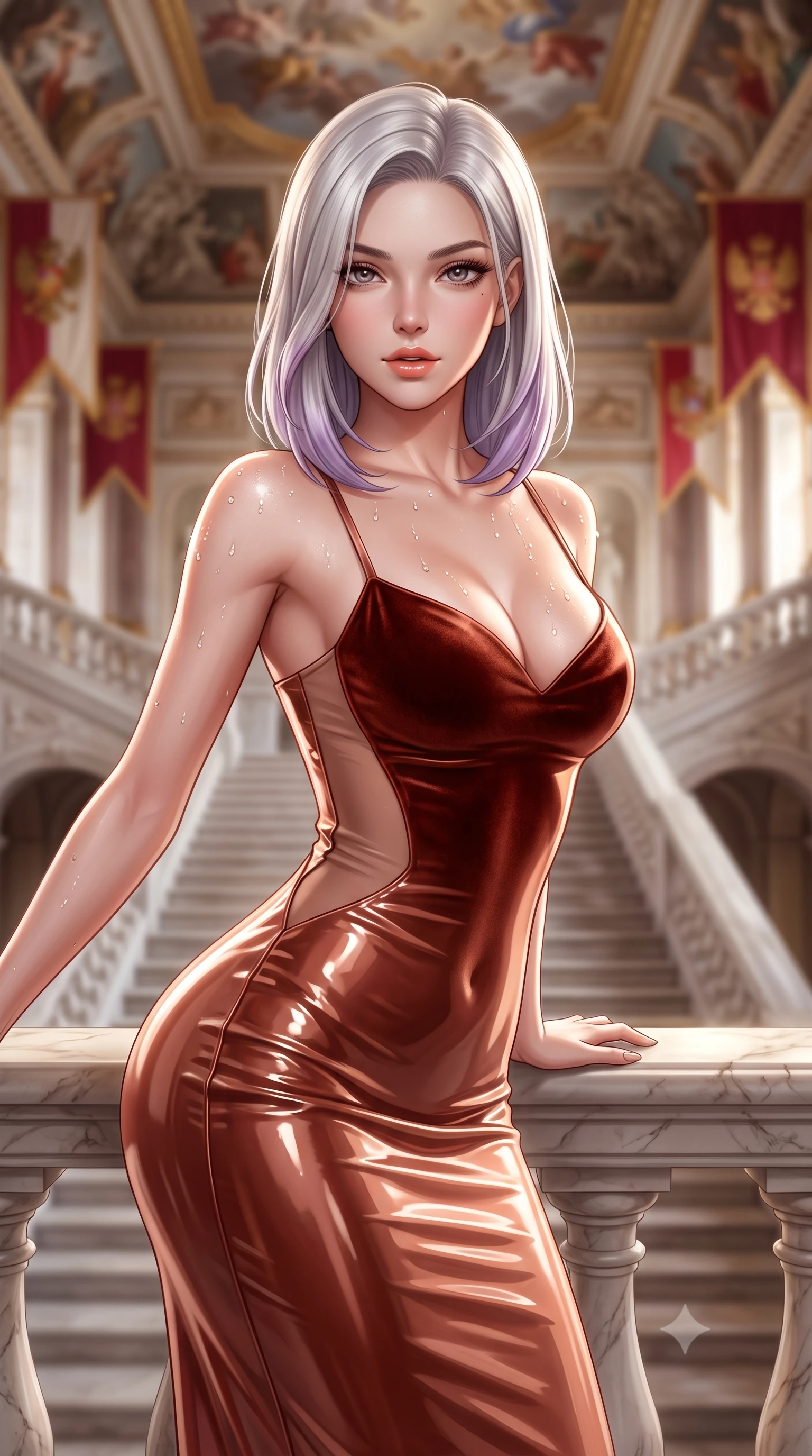 score_9, masterpiece, best quality, ultra-detailed, high-budget anime keyframe, semi-realistic 3D game render, editorial fashion photography, tasteful artistic composition, Caucasian woman. close-up cowboy shot from the waist and thighs up, the character dominates the composition, filling the frame with her large presence. leaning forward while arching her lower back to accentuate her curvy hips, looking into the camera with an intoxicating smoldering gaze and bedroom-eyes while leaning against the sculpted marble balustrade with hips cocked back, looking down the grand staircase with an intoxicating bedroom-gaze. The background shows a soft-focus monumental marble imperial staircase with double sweeping flights, soaring mythological ceiling frescoes, and imperial heraldic banners blurred into ivory, ruby, and gold bokeh. She has an exceptionally elegant, slender, and willowy female figure with an ultra-slim waist, flat toned midriff, narrow ribcage, and sculpted feminine hips creating an alluring, slim hourglass silhouette without bulk. sharp v-shaped jawline, high-bridge nose, sparkling eyes with hypnotic seductive depth, thick curled eyelashes, glossy parted lips with a natural dewy peach sheen, alluring bedroom-eyes with an enchanting coquettish smile, exuding magnetic siren charisma and sophisticated glamour, flawlessly proportioned anatomical accuracy, strict slender model proportions, natural body alignment, perfectly sculpted long slender limbs, ultra-slim waistline, clean dynamic posture without body distortion. wearing a deep sweetheart-neckline velvet bodycon dress with sheer side-torso cutouts accentuating her hourglass curves in Atlas terracotta and desert rose gold, crafted from wet-look high-gloss vinyl fabric with dazzling specular surface reflections, finished with glistening drops of lagoon or spa water beading across her sculpted shoulders and collarbones, the form-contouring silhouette accentuating her sculpted flat midriff, narrow delicate ribcage, and gracefully curvy hips with intoxicating allure. illuminated by polished marble reflection fill and sharp platinum-gold rim lights defining her delicate clavicles, ultra-slim waist, and curvy hips. highly saturated vibrant anime colors, detailed shading with soft gradients, rich glossy textures, high-contrast stereoscopic depth, volumetric dynamic lighting, master piece, 9:16 ratio