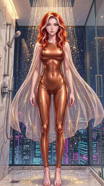 score_9, masterpiece, best quality, ultra-detailed, High-budget Anime Keyframe, Caucasian woman, strictly human ears. Low angle cowboy shot filling the entire 9:16 frame with her statuesque presence. Scenario 487: showering under a cascade of glitter