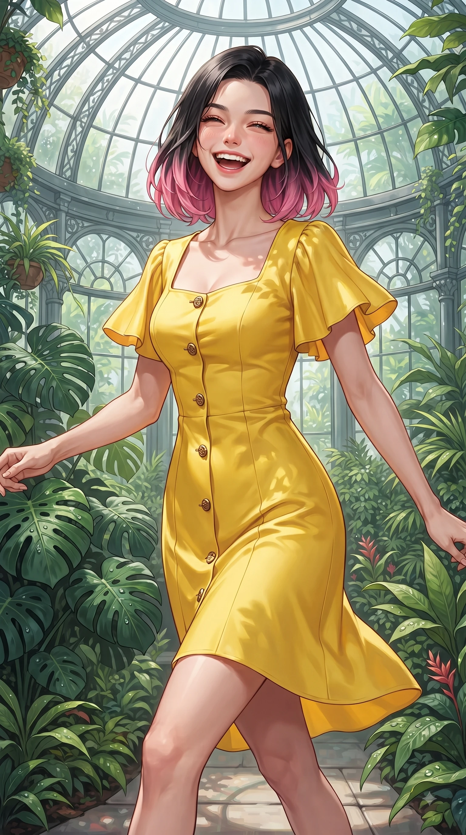 score_9, masterpiece, best quality, ultra-detailed, high-budget anime keyframe, editorial fashion photography, tasteful artistic composition, Korean woman. close-up cowboy shot from the waist and thighs up, the character dominates the composition, filling the frame with her large presence. Ecstatic joyful laughter with eyes crinkling in pure delight and vibrant energy filling her dynamic posture while strolling through a lush botanical glasshouse surrounded by deep emerald Monstera leaves. The surrounding environment is rendered in vivid detail and crisp panoramic clarity. intricate glasshouse steel dome architecture, tropical plant leaf textures, and dewdrop details in crisp resolution. She has an exceptionally elegant, slender, and willowy female figure with an ultra-slim waist, a gracefully sculpted slender torso, and a refined silhouette. sharp v-shaped jawline, high-bridge nose, intricate jewel-like eyes with depth, thick eyelashes, glossy lips with a natural sheen, flawlessly proportioned anatomical accuracy, natural body alignment, perfectly sculpted elegant limbs, clean dynamic posture without body distortion. wearing a bright canary yellow cotton sundress with short puff sleeves and wooden buttons in sunflower yellow and royal navy blue, crafted from smooth liquid silk satin, featuring elegant flutter sleeves and a graceful square neckline, the tailored fit highlighting her statuesque and model-like silhouette. illuminated by fresh botanical ambient glow with organic leaf stencil shadows. ultra-reflective glossy finish, specular highlights, metallic sheen, high-contrast stereoscopic depth, volumetric dynamic lighting, 2k, ultra detail, master piece, 9:16 ratio