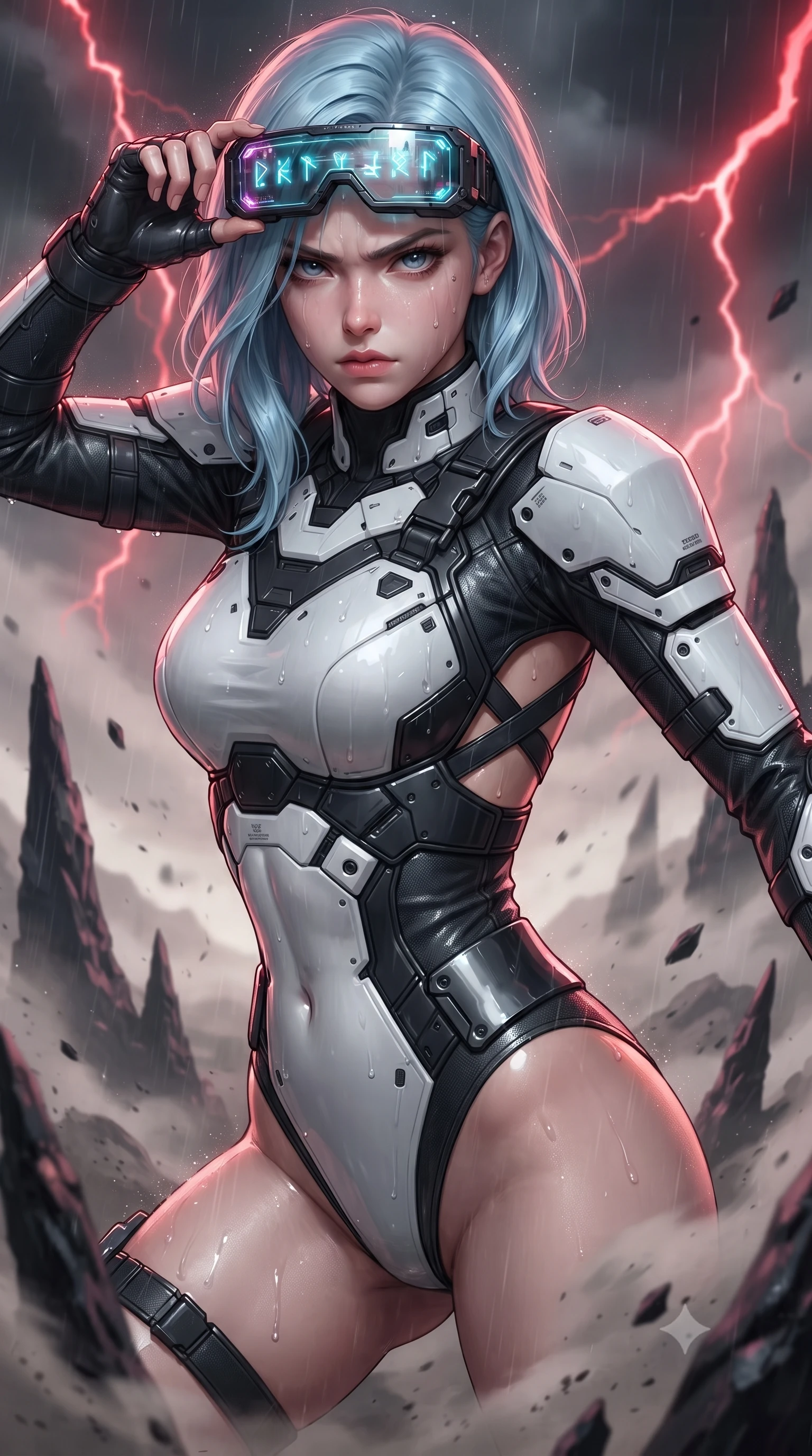 score_9, masterpiece, best quality, ultra-detailed, high-budget anime keyframe, editorial fashion photography, tasteful artistic composition, Korean woman. close-up cowboy shot from the waist and thighs up, the character dominates the composition, filling the frame with her large presence. tilting her head slightly with solemn warrior composure, sweat and rain glistening on her sculpted collarbones and high-bridge nose while pivoting dynamically as an ash whirlwind erupts around her, striking a grounded Panzer Kunst defensive guard. The composition keeps background elements in soft focus with creamy bokeh. jagged obsidian spires and barren wasteland craters softened in dreamy atmospheric depth. She has an exceptionally elegant, slender, and willowy female figure with an ultra-slim waist, a gracefully sculpted slender torso, toned flat midriff, and a refined slim silhouette. sharp v-shaped jawline, high-bridge nose, intricate jewel-like eyes with depth, thick eyelashes, glossy lips with a natural sheen, fierce and resolute heroine expression, flawlessly proportioned anatomical accuracy, strict slender model proportions, natural body alignment, perfectly sculpted long slender limbs, ultra-slim waistline, clean dynamic posture without body distortion. wearing high-tech holographic tactical goggles resting tipped up on her forehead, casting glowing neon runes across her brow without obscuring her features, paired with a heavy modular carbon-fiber combat cuirass paired with a second-skin tactical leotard and reinforced titanium shoulder pauldrons in monochrome white enamel carbon with high-contrast black tactical panels, made of lightweight aerodynamic carbon-titanium alloy with precision-beveled armor seams, complemented by criss-cross back harness straps highlighting her completely bare spine, the sleek second-skin cut tightly hugging her graceful clavicle, narrow waist, and feminine curves with athletic precision. bathed in eerie crimson lightning storm backlighting and ominous dark ash ambient fill. ultra-reflective glossy finish, specular highlights, dark metallic sheen, high-contrast stereoscopic depth, volumetric dynamic lighting, 2k, ultra detail, master piece, 9:16 ratio