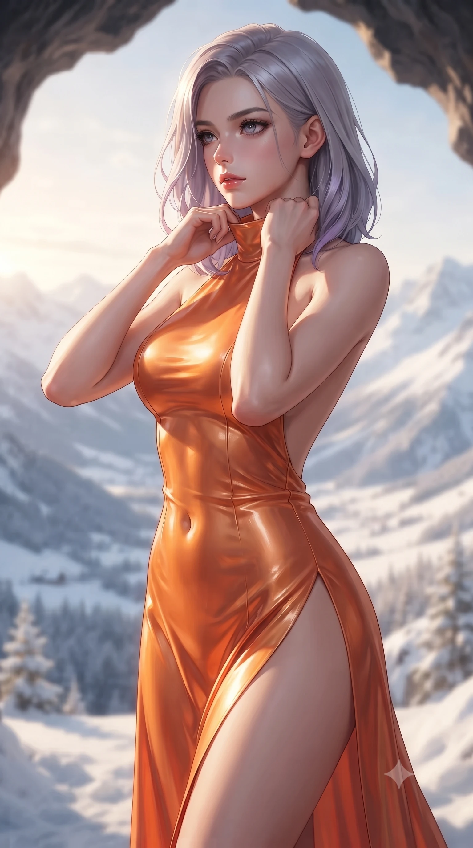score_9, masterpiece, best quality, ultra-detailed, high-budget anime keyframe, editorial fashion photography, tasteful artistic composition, Caucasian woman. close-up cowboy shot from the waist and thighs up, the character dominates the composition, filling the frame with her large presence, background elements kept in soft focus. adjusting the high collar of her body-hugging suit, looking past the camera with quiet, sharp focus and a composed expression, the background shows a soft-focus a cave balcony overlooking a snowy mountain valley at dawn. She has an exceptionally elegant, slender, and willowy female figure with an ultra-slim waist, a gracefully sculpted slender torso, and a refined silhouette. sharp v-shaped jawline, high-bridge nose, intricate jewel-like eyes with depth, thick eyelashes, glossy lips with a natural sheen. wearing a form-contouring high-slit space combat gown in sunset orange chiffon, featuring a daring thigh-slit and an open-back design. bright morning alpine sun highlighting white snow in vivid gold tones. ultra-reflective glossy finish, specular highlights, metallic sheen, high-contrast stereoscopic depth, volumetric dynamic lighting, 2k, ultra detail, master piece, 9:16 ratio