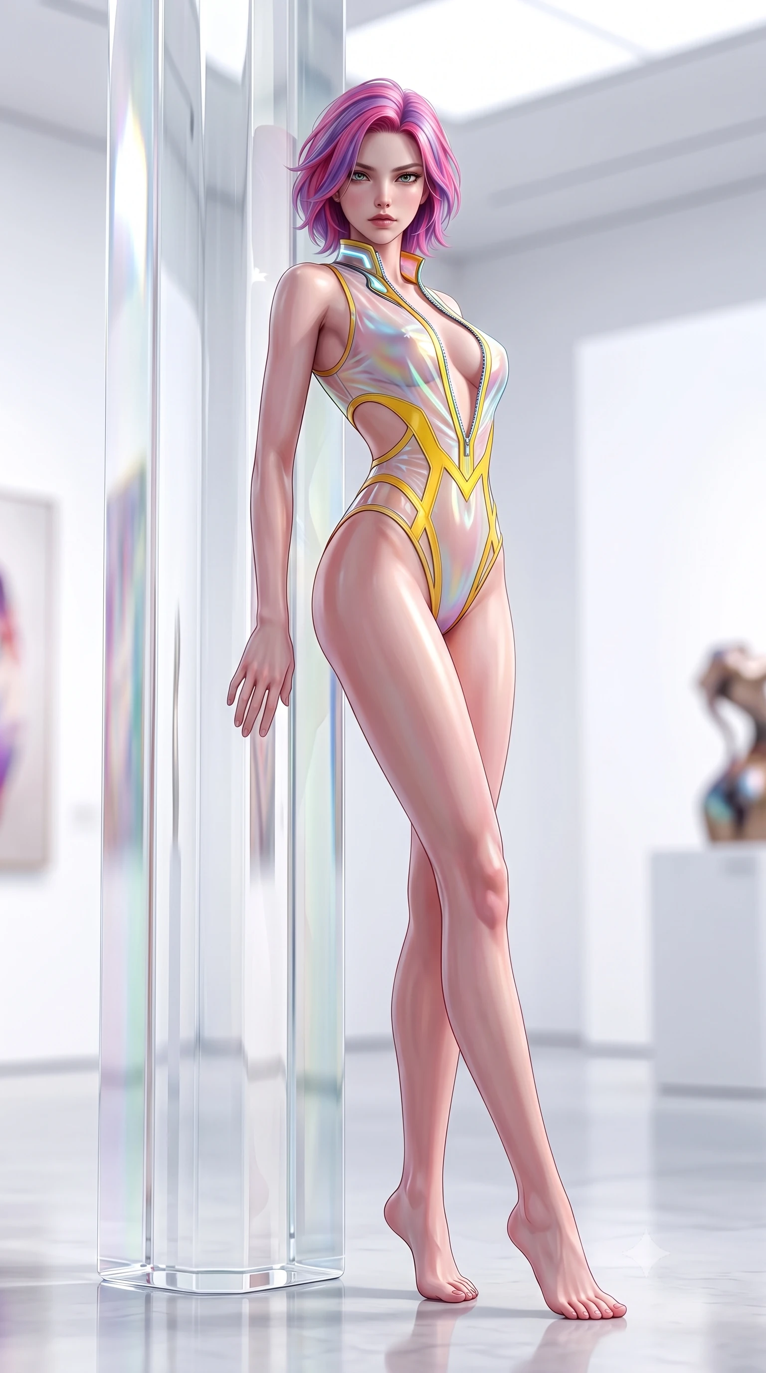 score_9, masterpiece, best quality, ultra-detailed, high-budget anime keyframe, semi-realistic 3D game render, editorial fashion photography, tasteful artistic composition, Caucasian woman. low angle full-body shot from head to toe showing her feet, filling the entire 9:16 vertical frame with her statuesque presence, stretching her vertical silhouette. arching her back in a fluid zero-gravity turn with sovereign grace, her long slender legs and sculpted torso creating a sweeping line while leaning against a towering optical crystal pillar with a haughty, smoldering gaze amidst pure white daylight. The composition keeps background elements in soft focus with creamy bokeh. pristine white gallery walls and polished floor reflections softened by shallow cinematic focus. She has an absolutely perfect, statuesque 8.5-heads proportion, an exceptionally tall and slender model-like female figure with impossibly long slender legs, a toned flat midriff, and an ultra-slim waist. sharp v-shaped jawline, high-bridge nose, intricate jewel-like eyes with depth, thick eyelashes, glossy lips with a natural sheen, flawlessly proportioned anatomical accuracy, strict slender model proportions, natural body alignment, perfectly sculpted long slender limbs, ultra-slim waistline, clean dynamic posture without body distortion. wearing a high-cut translucent vinyl leotard with front paneling, exposed side-rib cutouts, and an open back in vibrant sunburst canary yellow and gold trim, made of smooth iridescent silk chiffon that shifts colors with movement, featuring a dangerously unzipped neckline framed by glowing cybernetic accents, the precision-cut daring openings accentuating her delicate midriff, graceful bare collarbones, and ultra-slim feminine waistline. surrounded by a hyper-creative, radiant, and fiercely chic modern fashion editorial aura. highly saturated vibrant anime colors, detailed shading with soft gradients, rich glossy textures, high-contrast stereoscopic depth, volumetric dynamic lighting, master piece, 9:16 ratio