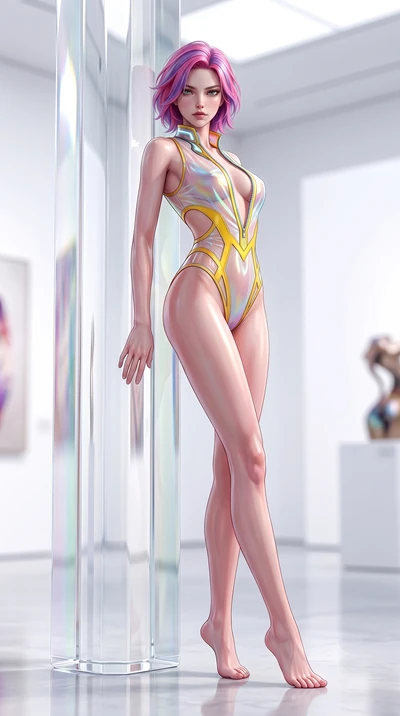score_9, masterpiece, best quality, ultra-detailed, high-budget anime keyframe, semi-realistic 3D game render, editorial fashion photography, tasteful artistic composition, Caucasian woman. low angle full-body shot from head to toe showing her feet, 