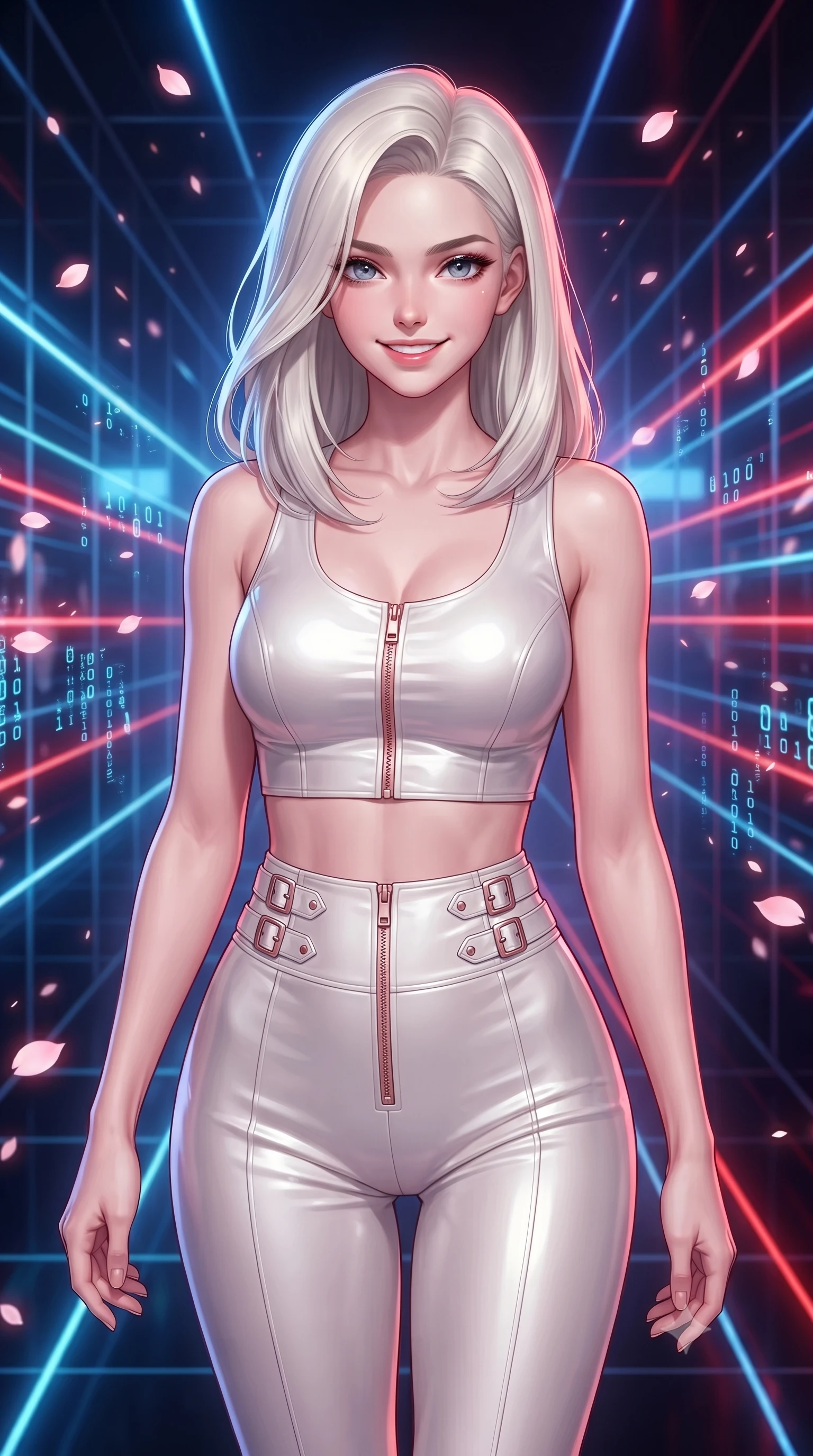 score_9, masterpiece, best quality, ultra-detailed, high-budget anime keyframe, editorial fashion photography, tasteful artistic composition, Caucasian woman. close-up cowboy shot from the waist and thighs up, the character dominates the composition, filling the frame with her large presence, background elements kept in soft focus. Smiling with quiet, magnetic self-assurance directly into the lens navigating a corridor of shifting laser light grids and mirror walls, floating digital sakura petals flickering into binary code sparks. She has an exceptionally elegant, slender, and willowy female figure with an ultra-slim waist, a gracefully sculpted slender torso, and a refined silhouette. sharp v-shaped jawline, high-bridge nose, intricate jewel-like eyes with depth, thick eyelashes, glossy lips with a natural sheen. wearing a glossy vinyl crop top and high-waist tailored leggings with sleek zippers in pearl white and rose gold, crafted from smooth liquid silk, detailed with polished silver buckles along the waistline, the form-contouring material highlighting her ultra-slim waist and long lines. lit by bright volumetric laser beams and soft specular highlights. highly saturated vibrant anime colors, detailed shading with soft gradients, rich glossy textures, high-contrast stereoscopic depth, volumetric dynamic lighting, master piece, 9:16 ratio