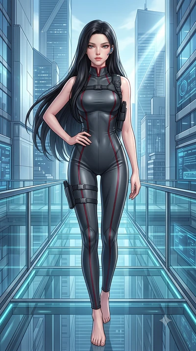 score_9, masterpiece, best quality, ultra-detailed, high-budget anime keyframe, semi-realistic 3D game render, editorial fashion photography, tasteful artistic composition, Korean woman. low angle full-body shot from head to toe showing her feet, fil