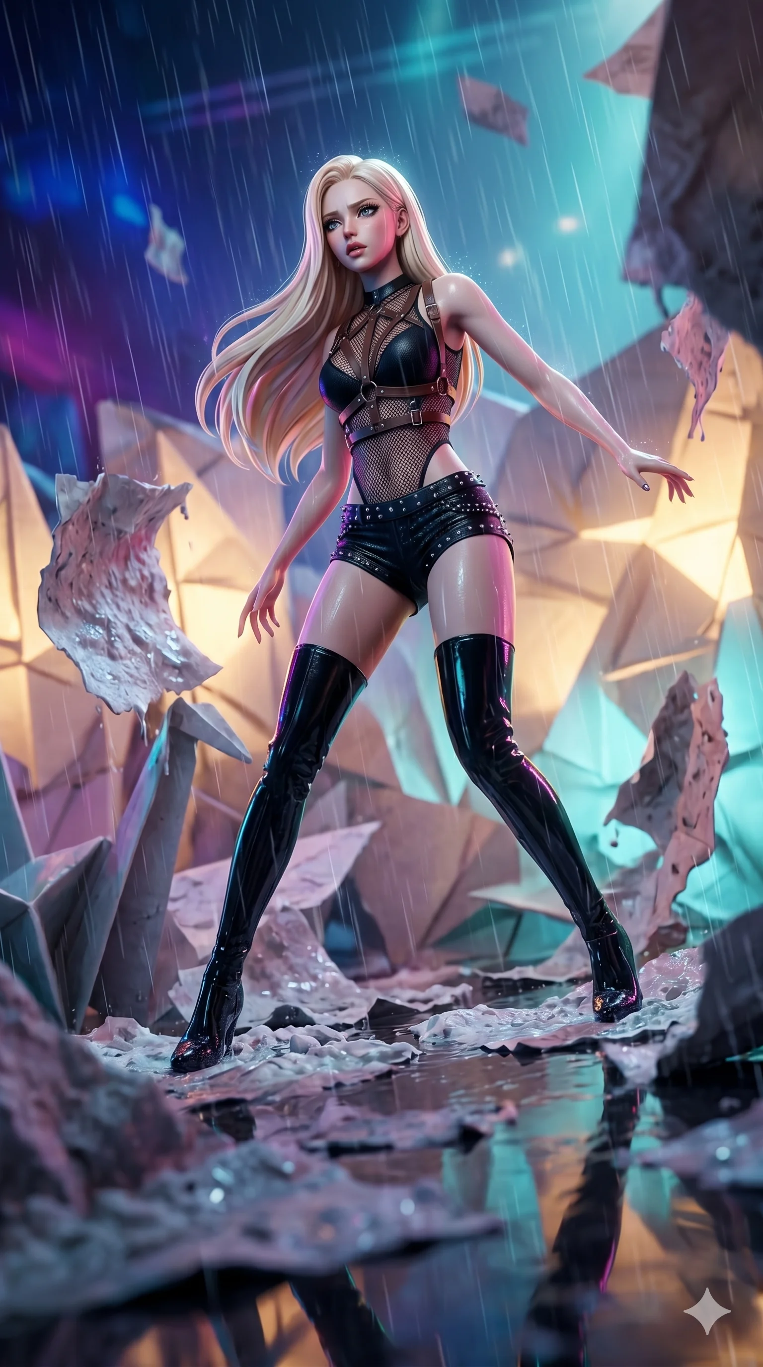 score_9, masterpiece, best quality, ultra-detailed, semi-realistic 3D game render, high-fidelity textures, Unreal Engine 5 style, Korean woman. Low angle cowboy shot capturing a powerful motion and statuesque presence. collapsing in a world of folded paper as the rain starts to melt it. She has an absolutely perfect 8-heads proportion, an exceptionally tall and slender female figure with an ultra-slim waist and impossibly long slender legs. strictly human anatomy, two legs only, no extra limbs, clearly defined legs and arms, perfect anatomy, perfect hands and fingers. sharp v-shaped jawline, high-bridge nose, intricate jewel-like eyes, thick eyelashes, glossy lips. Wearing K-Idol Stage: Leather harness over mesh, high-cut bodysuit, studded micro-shorts, and thigh-high patent boots. The scene is illuminated by dramatic atmospheric lighting and vibrant color palettes. , 2k, ultra detail, master piece, 9:16 ratio