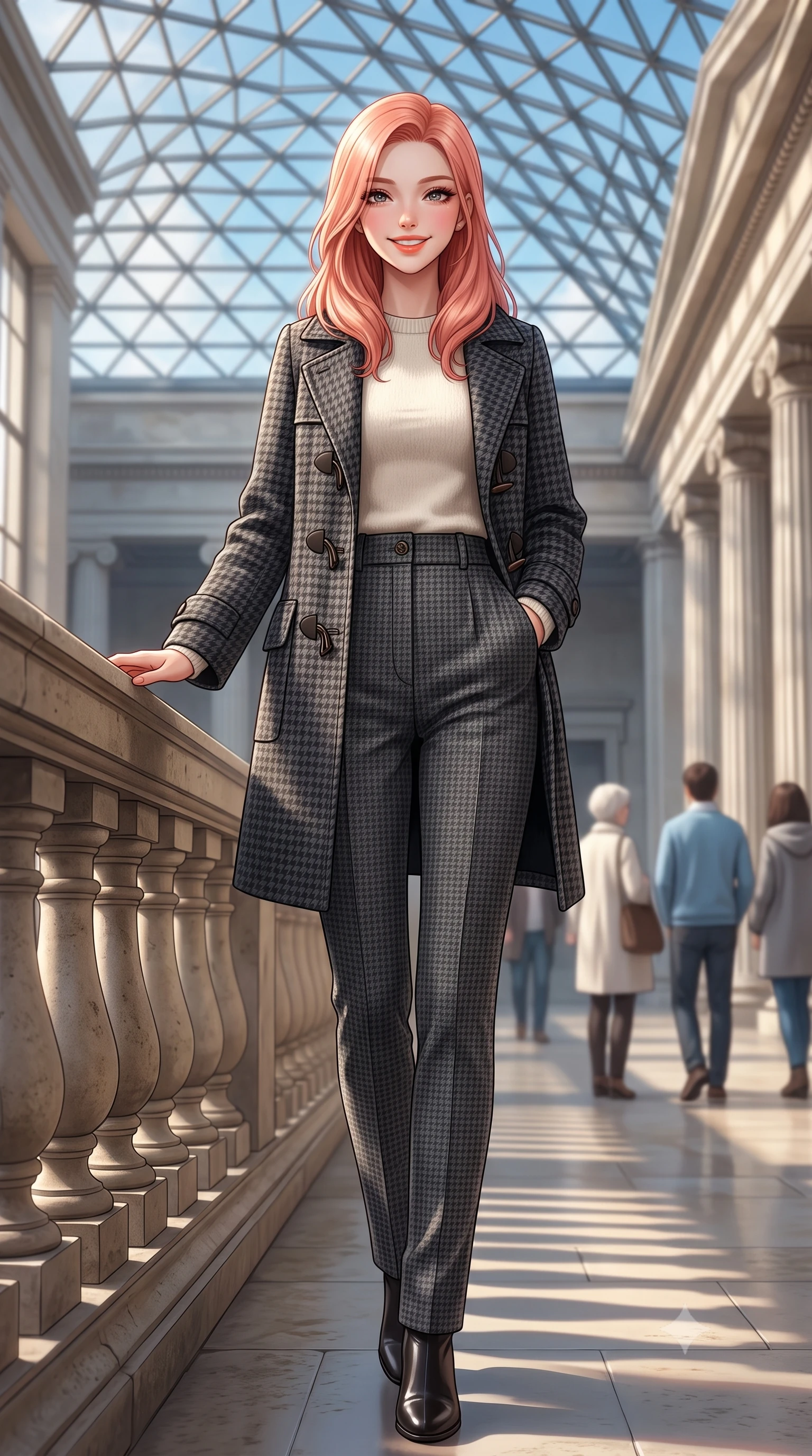 score_9, masterpiece, best quality, ultra-detailed, high-budget anime keyframe, semi-realistic 3D game render, editorial fashion photography, tasteful artistic composition, Japanese woman. low angle full-body shot from head to toe showing her feet, filling the entire 9:16 vertical frame with her statuesque presence, stretching her vertical silhouette. pausing along the promenade and turning back toward the camera with an infectious, delightful smile and perfect posture while turning with a delightful beam toward the camera while resting one hand on the stone balustrade of the grand reading room. The background shows a soft-focus triangular glass roof lattice patterns against blue autumn sky, neoclassical colonnades, and museum visitors blurred into alabaster, sky blue, and dove grey bokeh. She has an exceptionally tall and slender model-like 8.5-heads proportion, an ultra-slim waist, a flat toned midriff, narrow delicate ribcage, and beautifully sculpted feminine hips creating a graceful, slim hourglass silhouette without any bulky heaviness, with impossibly long slender legs. sharp v-shaped jawline, high-bridge nose, intricate jewel-like sparkling eyes with depth, thick eyelashes, glossy parted lips with a natural peach sheen, bright cheerful beaming smile with an enchanting and coquettish sensual glint, exuding both youthful cute charm and seductive allure, flawlessly proportioned anatomical accuracy, strict slender model proportions, natural body alignment, perfectly sculpted long slender limbs, ultra-slim waistline, clean dynamic posture without body distortion. wearing a structured boiled-wool duffle coat with horn toggles over a soft alpaca sweater and tailored wool slacks in classic Savile Row charcoal houndstooth and crisp ivory, made of crisp Egyptian cotton poplin with pristine tailored pressing, featuring delicate tonal horn buttons and meticulous hand-stitched pick-lapel borders, the precision-cut high-waisted tailoring accentuating her ultra-slim waist and long slender leg line with immaculate aristocratic poise. illuminated by pale stone reflection bounce and sharp platinum rim lights sculpting her jawline, narrow waist, and statuesque proportions. highly saturated vibrant anime colors, detailed shading with soft gradients, rich glossy textures, high-contrast stereoscopic depth, volumetric dynamic lighting, master piece, 9:16 ratio
