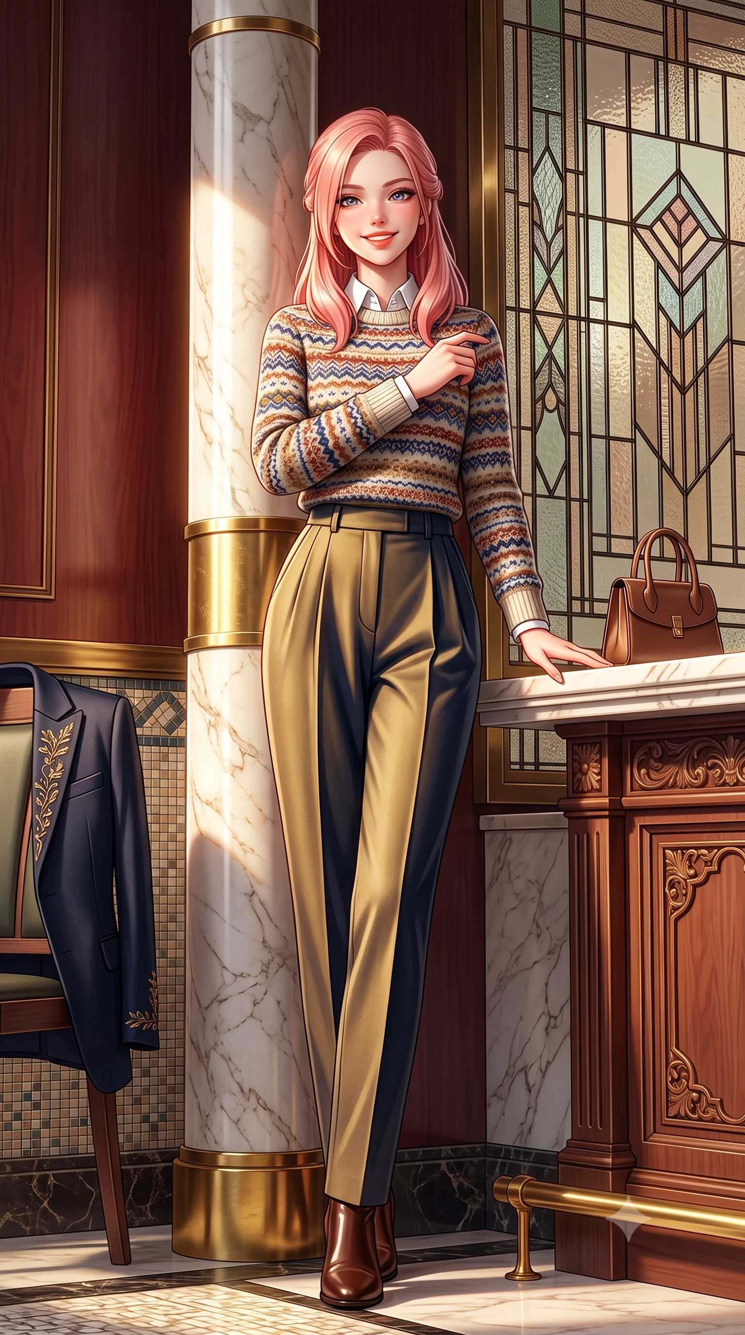 score_9, masterpiece, best quality, ultra-detailed, high-budget anime keyframe, semi-realistic 3D game render, editorial fashion photography, tasteful artistic composition, Japanese woman. low angle full-body shot from head to toe showing her feet, filling the entire 9:16 vertical frame with her statuesque presence, stretching her vertical silhouette. leaning lightly against the sunlit architectural column with arms crossed loosely, flashing a warm, confident smile while standing beside the geometric stained-glass partition, one hand resting on the marble counter with chic modern-retro poise. The surrounding environment is rendered in vivid detail and crisp panoramic clarity: detailed embroidered wool blazer lapels, tailored cigarette trousers, and Taisho-modernist architectural craftsmanship in razor-sharp precision. She has an exceptionally tall and slender model-like 8.5-heads proportion, an ultra-slim waist, a flat toned midriff, narrow delicate ribcage, and beautifully sculpted feminine hips creating a graceful, slim hourglass silhouette without any bulky heaviness, with impossibly long slender legs. sharp v-shaped jawline, high-bridge nose, intricate jewel-like sparkling eyes with depth, thick eyelashes, glossy parted lips with a natural peach sheen, bright cheerful beaming smile with an enchanting and coquettish sensual glint, exuding both youthful cute charm and seductive allure, flawlessly proportioned anatomical accuracy, strict slender model proportions, natural body alignment, perfectly sculpted long slender limbs, ultra-slim waistline, clean dynamic posture without body distortion. wearing a Fair Isle patterned lambswool knit sweater layered over an Oxford button-down shirt with pleated wool trousers in Ginza vintage brass gold and midnight navy, tailored from fine wool gabardine with crisp permanent pleats and sharp drape, finished with a structured leather top-handle mini bag resting gracefully at her side, the sharp shoulder tailoring and gently nipped waist framing her slender torso with pristine sartorial perfection. illuminated by rosewood wall and brass reflection bounce with crisp champagne rim lights defining her cheekbones and slender waist. highly saturated vibrant anime colors, detailed shading with soft gradients, rich glossy textures, high-contrast stereoscopic depth, volumetric dynamic lighting, master piece, 9:16 ratio