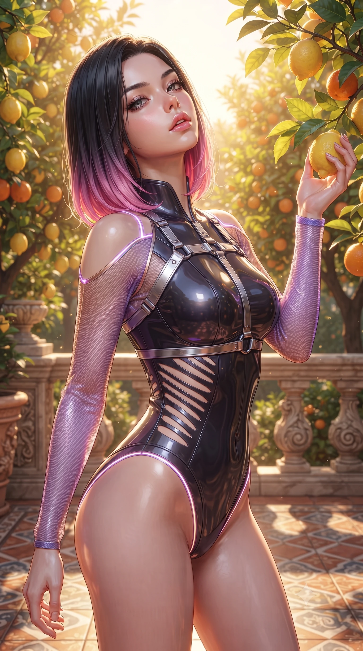 score_9, masterpiece, best quality, ultra-detailed, high-budget anime keyframe, editorial fashion photography, tasteful artistic composition, Korean woman. close-up cowboy shot from the waist and thighs up, the character dominates the composition, filling the frame with her large presence. tilting her head back with a sensual alluring expression, exposing her throat and shoulders to the camera with heavy lashes and softly parted glossy lips while reaching one arm gracefully toward a sun-drenched lemon branch while looking over her shoulder with smoldering eyes. The surrounding environment is rendered in vivid detail and crisp panoramic clarity. detailed lemon and orange textures, terracotta tile floor patterns, and stone balustrade carvings in deep focus. She has an exceptionally elegant, slender, and willowy female figure with an ultra-slim waist, a gracefully sculpted slender torso, toned flat midriff, and a refined slim silhouette. sharp v-shaped jawline, high-bridge nose, intricate jewel-like eyes with depth, thick eyelashes, glossy lips with a natural sheen, flawlessly proportioned anatomical accuracy, strict slender model proportions, natural body alignment, perfectly sculpted long slender limbs, ultra-slim waistline, clean dynamic posture without body distortion. wearing an ultra-sleek high-cut tech-bodysuit featuring dangerous diagonal slitted cutouts on the midriff and shoulders, reinforced by a metallic silver harness and sheer mesh sleeves in luminous lavender violet and rose gold, crafted from ultra-reflective second-skin latex with a high-gloss glass-like polish, accented with glowing fiber-optic seams tracing her collarbones and hip curves, the precision-cut daring openings accentuating her delicate midriff, graceful bare collarbones, and ultra-slim feminine waistline. bathed in warm golden afternoon sunbeams filtering through citrus canopies. ultra-reflective glossy finish, specular highlights, metallic sheen, high-contrast stereoscopic depth, volumetric dynamic lighting, 2k, ultra detail, master piece, 9:16 ratio