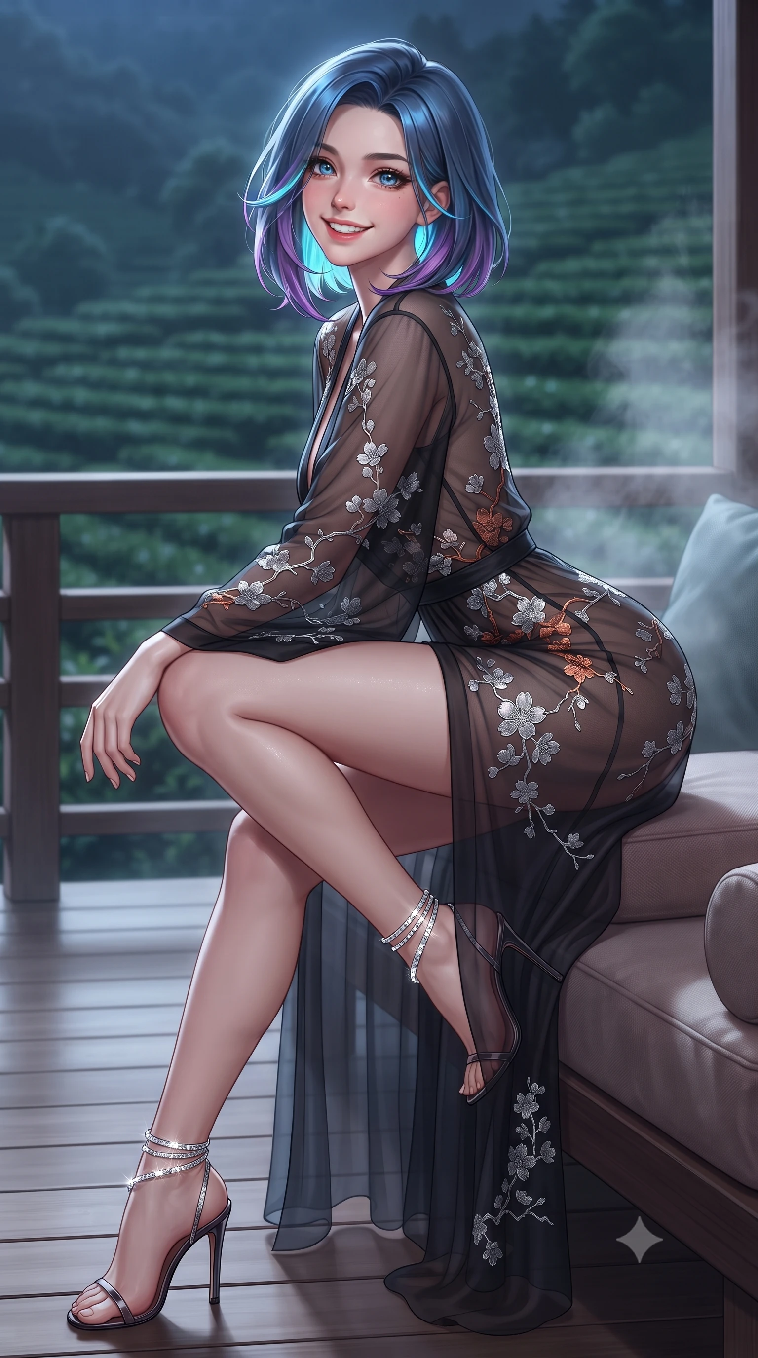 score_9, masterpiece, best quality, ultra-detailed, high-budget anime keyframe, editorial fashion photography, tasteful artistic composition, Caucasian woman. close-up cowboy shot from the waist and thighs up, the character dominates the composition, filling the frame with her large presence. perched sideways on the lounge seat, one knee drawn up to showcase her slender leg line while her arched back accentuates her feminine hip curve while standing poised on the wide cedar veranda overlooking endless rolling green tea terraces, arching her lower back as midnight breezes rustle tea leaves. The background shows a soft-focus aromatic herbal bath vapor softened in peaceful hillside estate shallow focus. She has an exceptionally elegant, slender, and willowy female figure with an ultra-slim waist, flat toned midriff, narrow ribcage, and sculpted feminine hips creating an alluring, slim hourglass silhouette without bulk. sharp v-shaped jawline, high-bridge nose, intricate jewel-like sparkling eyes with depth, thick eyelashes, glossy parted lips with a natural peach sheen, bright cheerful beaming smile with an enchanting and coquettish sensual glint, exuding both youthful cute charm and seductive allure, flawlessly proportioned anatomical accuracy, strict slender model proportions, natural body alignment, perfectly sculpted long slender limbs, ultra-slim waistline, clean dynamic posture without body distortion. wearing a provocative sheer noir illusion mesh kimono dress with embroidered silver cherry blossom motifs framing her curves in Lofoten midnight obsidian and warm hearth copper, made of sheer gossamer chiffon that drapes softly against skin with airy translucence, complemented by strappy stiletto sandals with crystal ankle wraps accentuating her slender calves, the glove-like clinging cut tightly following the natural contour of her hips and long slender legs with youthful 8.5-heads elegance. illuminated by tea bath caustics bounce and sharp pearlescent-jade rim lights defining her dewy collarbones, ultra-slim waist, and curvy hips. ultra-reflective glossy finish, specular highlights, rich textural contrasts, high-contrast stereoscopic depth, volumetric dynamic lighting, 2k, ultra detail, master piece, 9:16 ratio