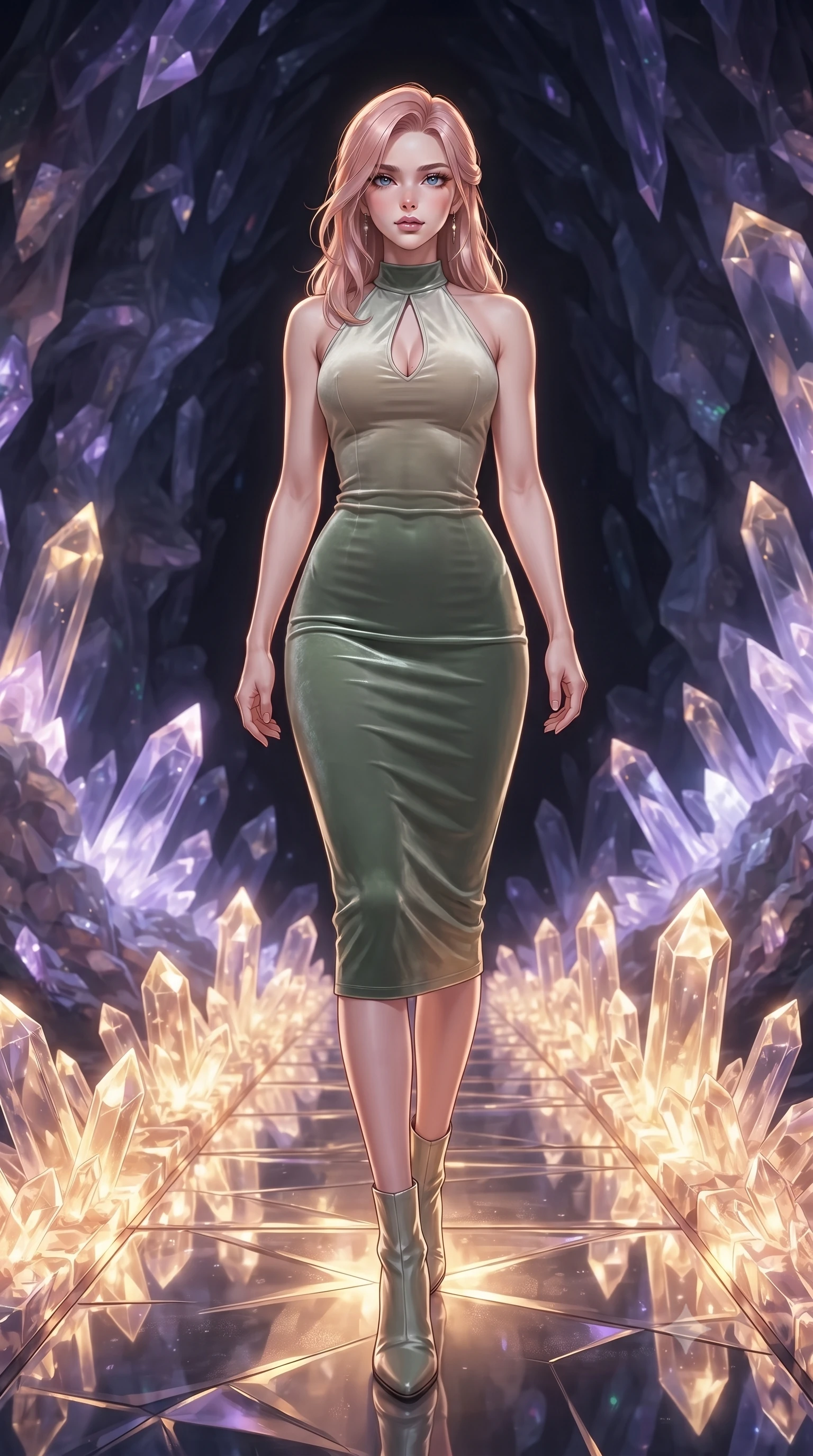 score_9, masterpiece, best quality, ultra-detailed, high-budget anime keyframe, editorial fashion photography, tasteful artistic composition, Japanese woman. low angle full-body shot from head to toe showing her feet, filling the entire 9:16 vertical frame with her statuesque presence, stretching her vertical silhouette. stepping forward with proud posture, filling the vertical frame with her magnetic presence stepping along a glowing quartz crystal bridge over a subterranean mirror lake, sharp crystalline reflections creating an opulent, jewel-like ambience. She has an absolutely perfect, statuesque 8.5-heads proportion, an exceptionally tall and slender model-like female figure with impossibly long slender legs and an ultra-slim waist. sharp v-shaped jawline, high-bridge nose, intricate jewel-like eyes with depth, thick eyelashes, glossy lips with a natural sheen. wearing a velvet halter-neck midi dress following her form like a glove in sage green and oatmeal, formed from sleek second-skin neoprene, accented with a Tasteful chest slit framing her clavicle gracefully, the glove-like fit emphasizing her statuesque silhouette. lit by warm golden sunlight colliding with cool violet crystal illumination. highly saturated vibrant anime colors, detailed shading with soft gradients, rich glossy textures, high-contrast stereoscopic depth, volumetric dynamic lighting, master piece, 9:16 ratio