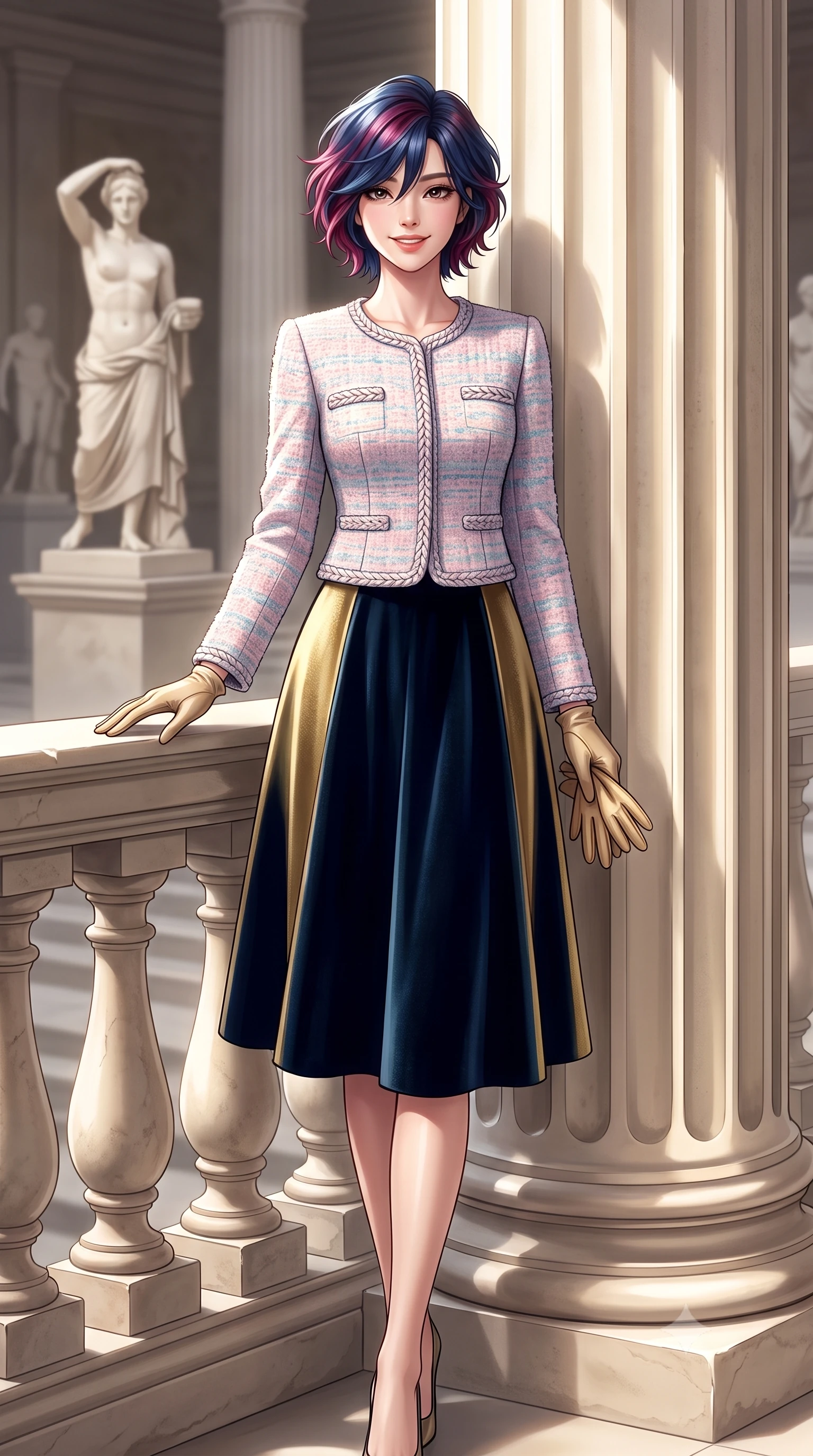 score_9, masterpiece, best quality, ultra-detailed, high-budget anime keyframe, semi-realistic 3D game render, editorial fashion photography, tasteful artistic composition, Korean woman. low angle full-body shot from head to toe showing her feet, filling the entire 9:16 vertical frame with her statuesque presence, stretching her vertical silhouette. leaning lightly against the sunlit architectural column with arms crossed loosely, flashing a warm, confident smile while turning with a delightful beam toward the camera while resting one hand on the stone balustrade of the grand reading room. The background shows a soft-focus classical Greek sculptures on pedestals softened in majestic cultural sanctuary shallow focus. She has an exceptionally tall and slender model-like 8.5-heads proportion, an ultra-slim waist, a flat toned midriff, narrow delicate ribcage, and beautifully sculpted feminine hips creating a graceful, slim hourglass silhouette without any bulky heaviness, with impossibly long slender legs. sharp v-shaped jawline, high-bridge nose, intricate jewel-like sparkling eyes with depth, thick eyelashes, glossy parted lips with a natural peach sheen, bright cheerful beaming smile with an enchanting and coquettish sensual glint, exuding both youthful cute charm and seductive allure, flawlessly proportioned anatomical accuracy, strict slender model proportions, natural body alignment, perfectly sculpted long slender limbs, ultra-slim waistline, clean dynamic posture without body distortion. wearing a collarless pastel bouclé tweed jacket with braided trims paired with a coordinating high-waisted A-line midi skirt in Ginza vintage brass gold and midnight navy, crafted from rich cotton velvet with deep light-absorbing pile and soft gradients, complemented by buttery leather gloves held delicately in one manicured hand, the precision-cut high-waisted tailoring accentuating her ultra-slim waist and long slender leg line with immaculate aristocratic poise. illuminated by pale stone reflection bounce and sharp platinum rim lights sculpting her jawline, narrow waist, and statuesque proportions. highly saturated vibrant anime colors, detailed shading with soft gradients, rich glossy textures, high-contrast stereoscopic depth, volumetric dynamic lighting, master piece, 9:16 ratio