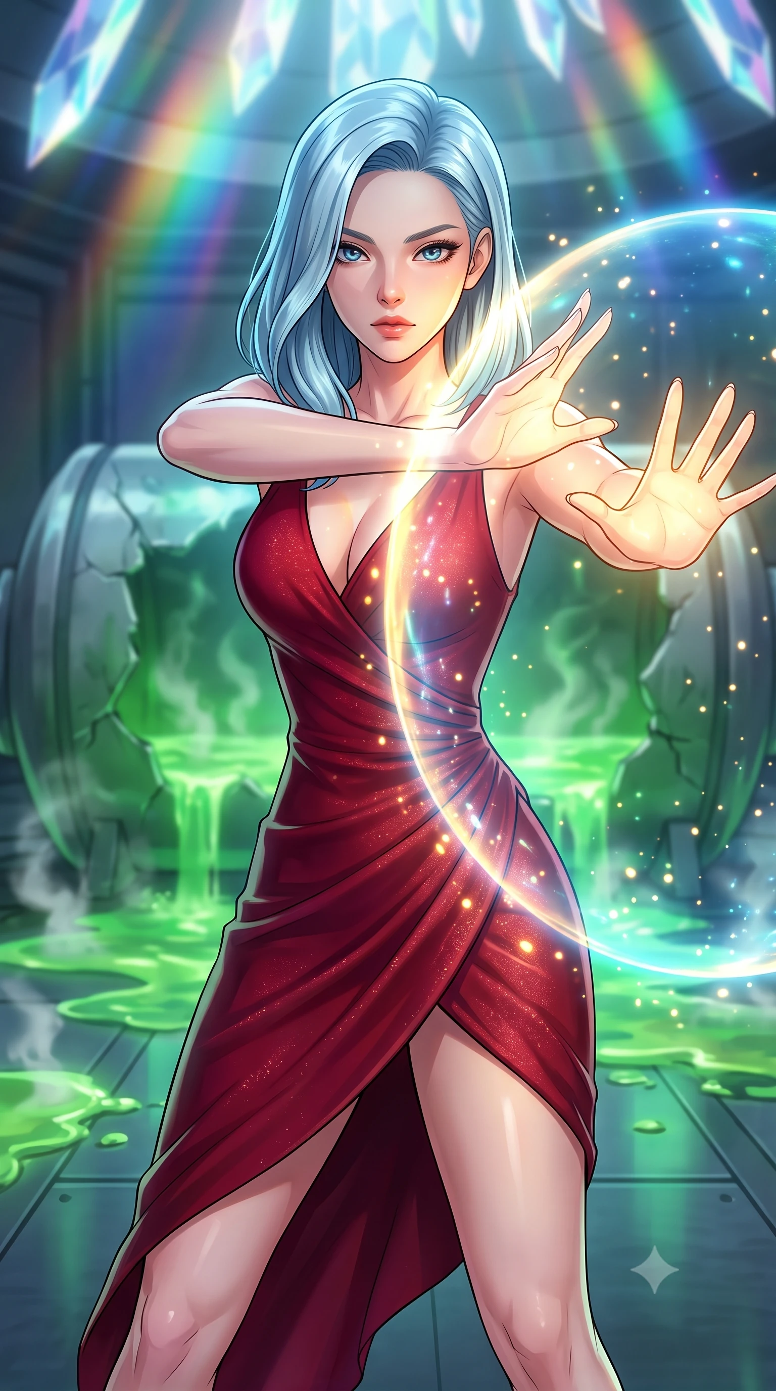 score_9, masterpiece, best quality, ultra-detailed, high-budget anime keyframe, clean line-art, cel-shading, Korean woman. close-up cowboy shot from the waist and thighs up, the character dominates the composition, filling the frame with her large presence, background elements kept in soft focus. Casting a protective shield, her face illuminated by the bright barrier glow. set against a soft-focus background of a secret lab with broken chemical tanks, glowing green bio-liquid leaking across a metallic floor and steaming. She has an exceptionally elegant and slender, willowy female figure with an ultra-slim waist, a gracefully sculpted slender torso, and a refined slim physique. sharp v-shaped jawline, high-bridge nose, intricate jewel-like eyes with depth, thick eyelashes, glossy lips with a natural sheen. wearing catching and diffusing the glowing particles, shimmering softly in response to the surrounding light, a slim-fit crimson red jersey dress featuring a deep plunging neckline and an asymmetric wrap skirt with a high slit. cascading rainbow prismatic light refracting through crystal formations overhead. highly saturated vibrant anime colors, intense vivid color palette, volumetric dynamic lighting, 2k, ultra detail, master piece, 9:16 ratio